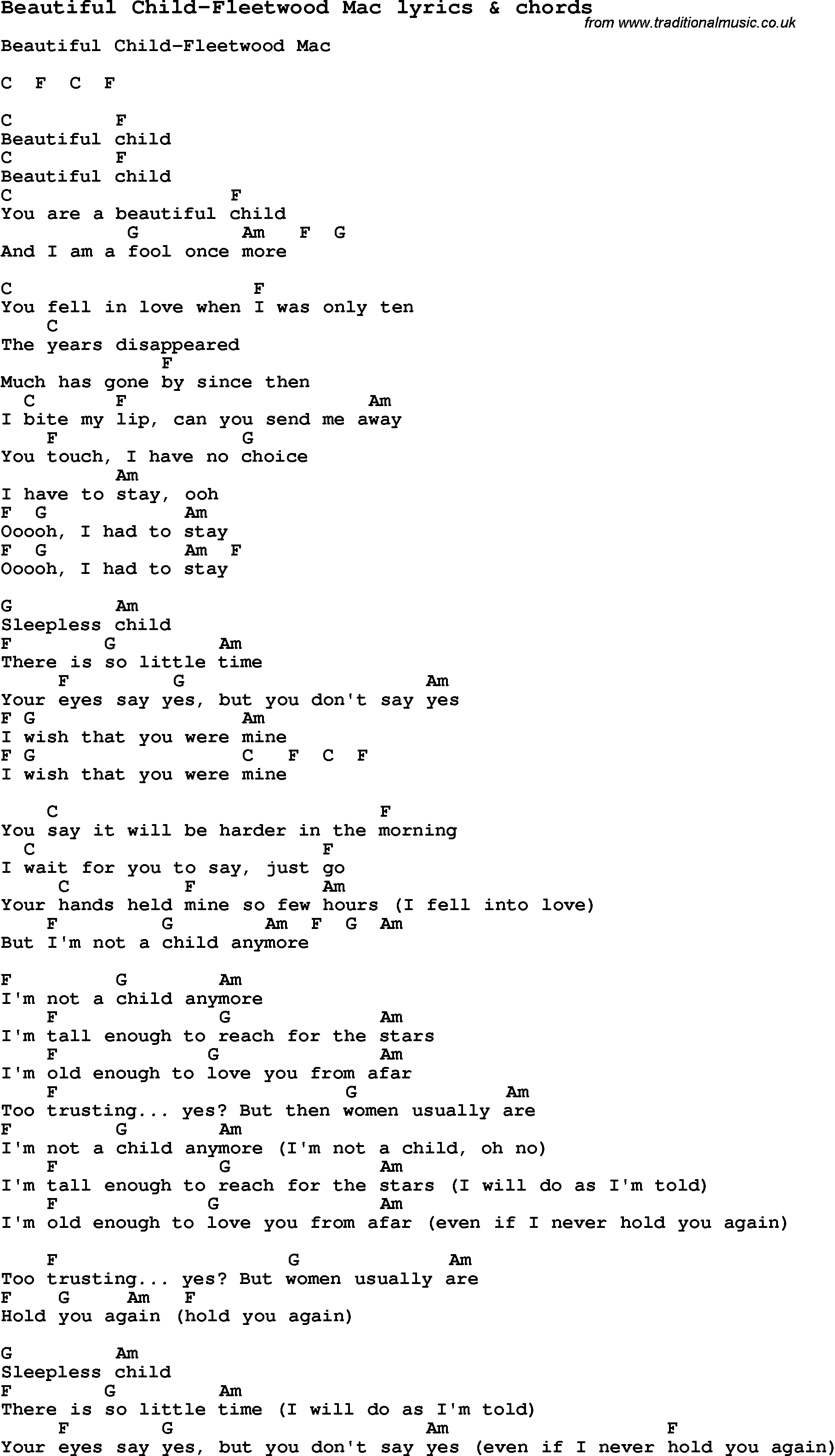 Love Song Lyrics for: Beautiful Child-Fleetwood Mac with chords for Ukulele, Guitar Banjo etc.