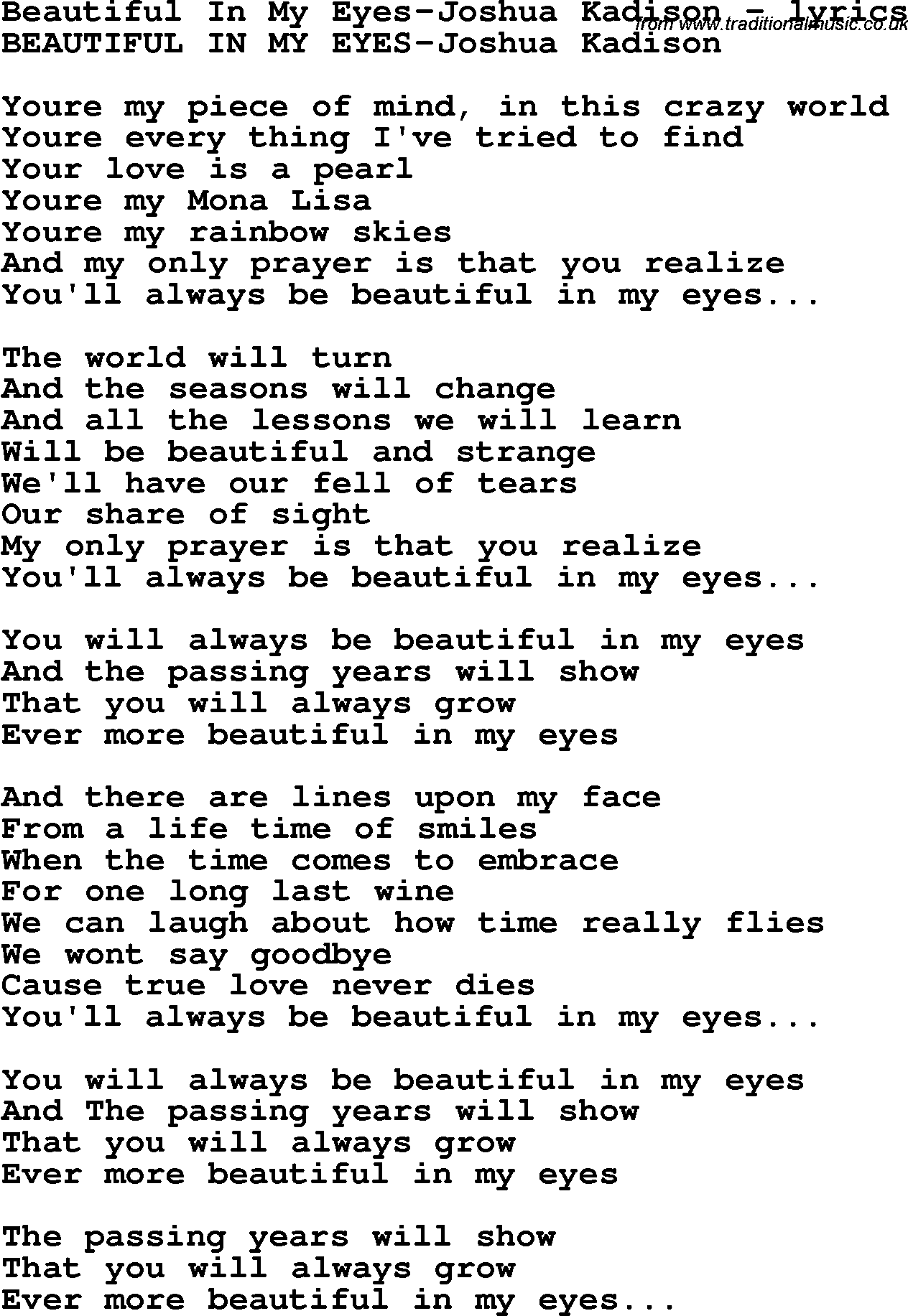 Love Song Lyrics for: Beautiful In My Eyes-Joshua Kadison