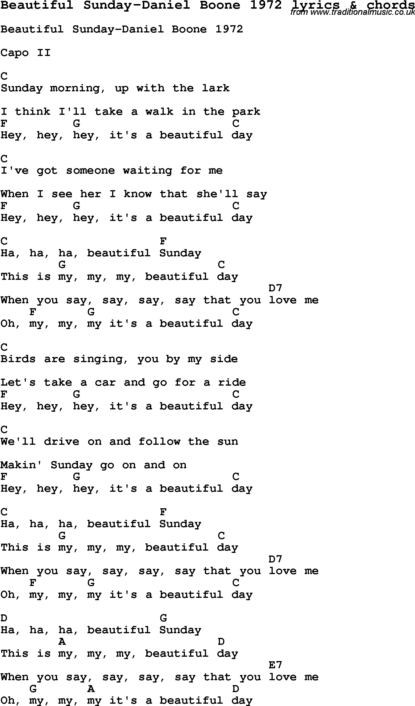 Love Song Lyrics for: Beautiful Sunday-Daniel Boone 1972 with chords for Ukulele, Guitar Banjo etc.