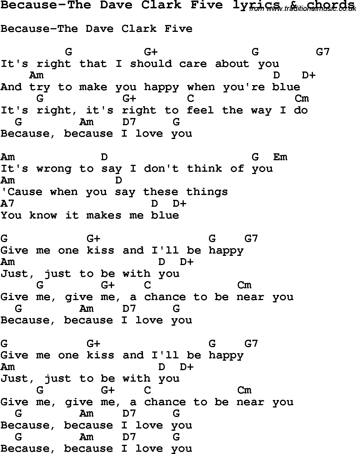 Love Song Lyrics for: Because-The Dave Clark Five with chords for Ukulele, Guitar Banjo etc.