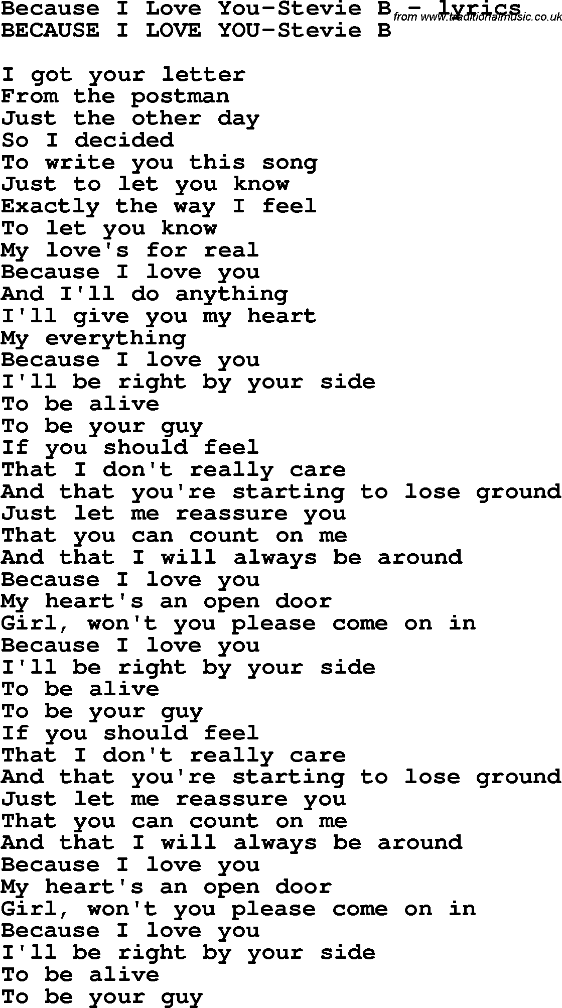 Love Song Lyrics For Because I Love You Stevie B