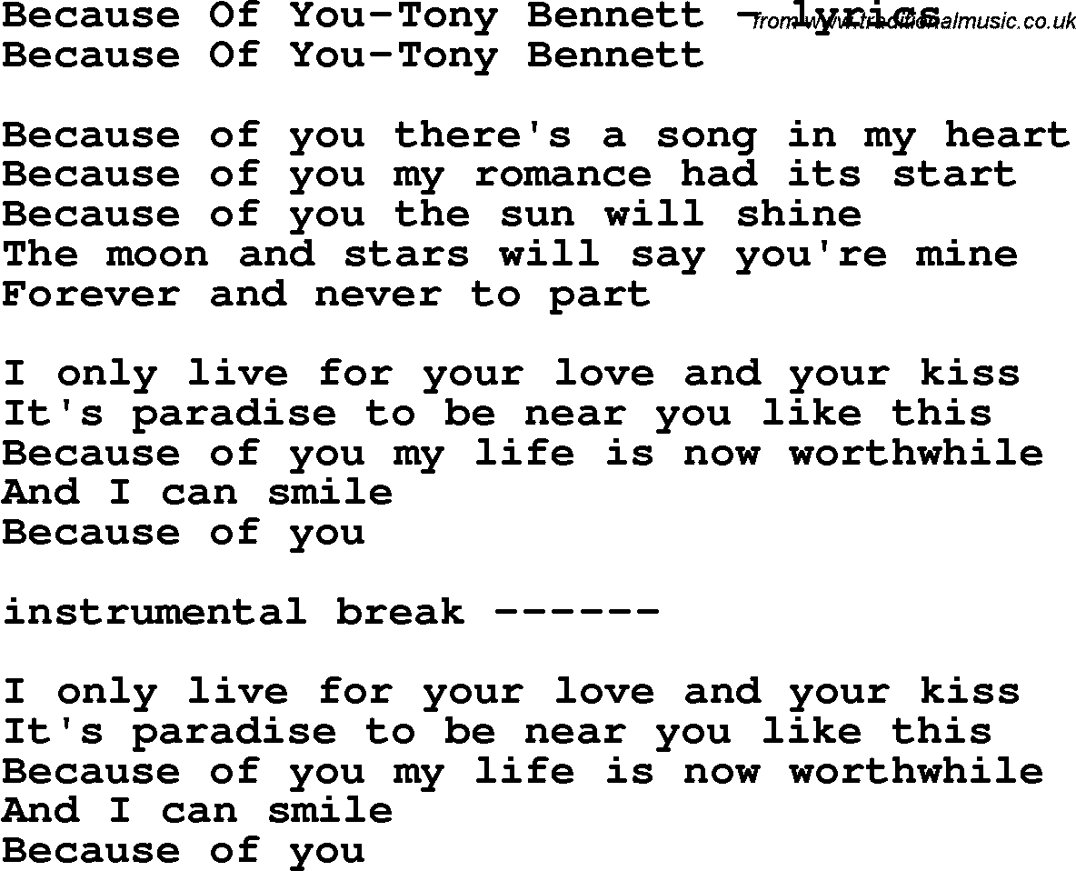 Love Song Lyrics for: Because Of You-Tony Bennett