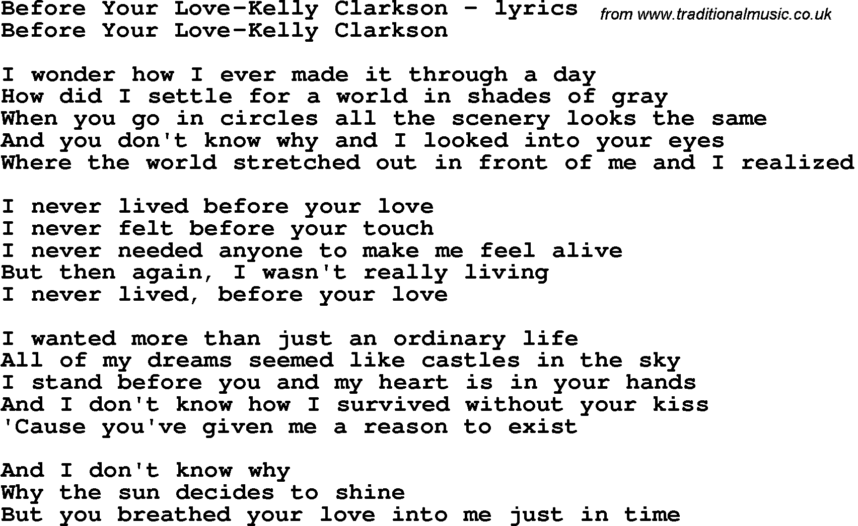 Love Song Lyrics For Before Your Love Kelly Clarkson
