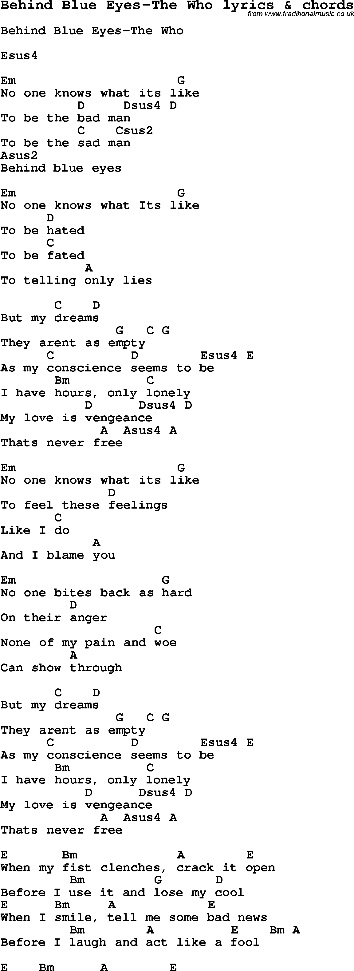 Love Song Lyrics for: Behind Blue Eyes-The Who with chords for Ukulele, Guitar Banjo etc.