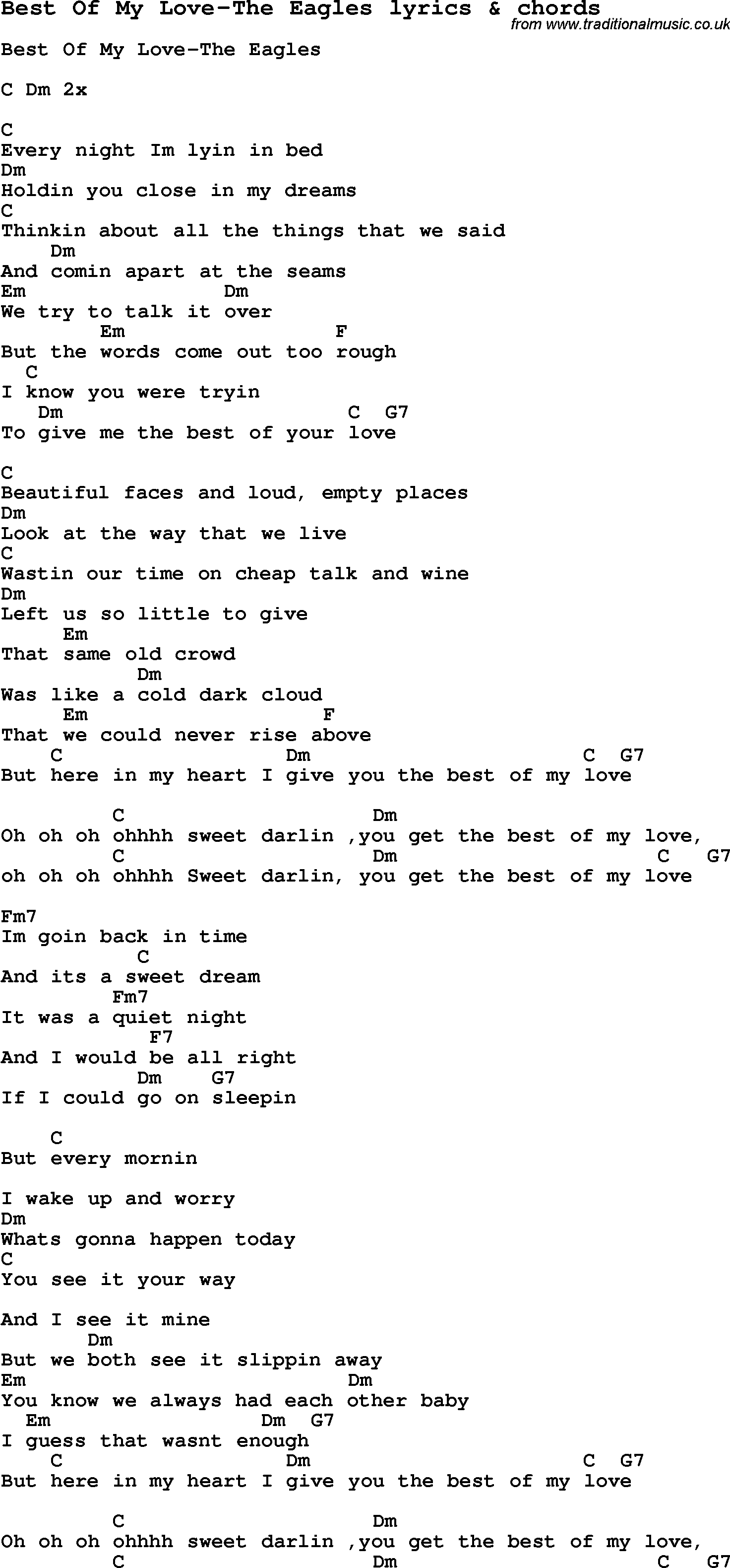 Love Song Lyrics for: Best Of My Love-The Eagles with chords for Ukulele, Guitar Banjo etc.