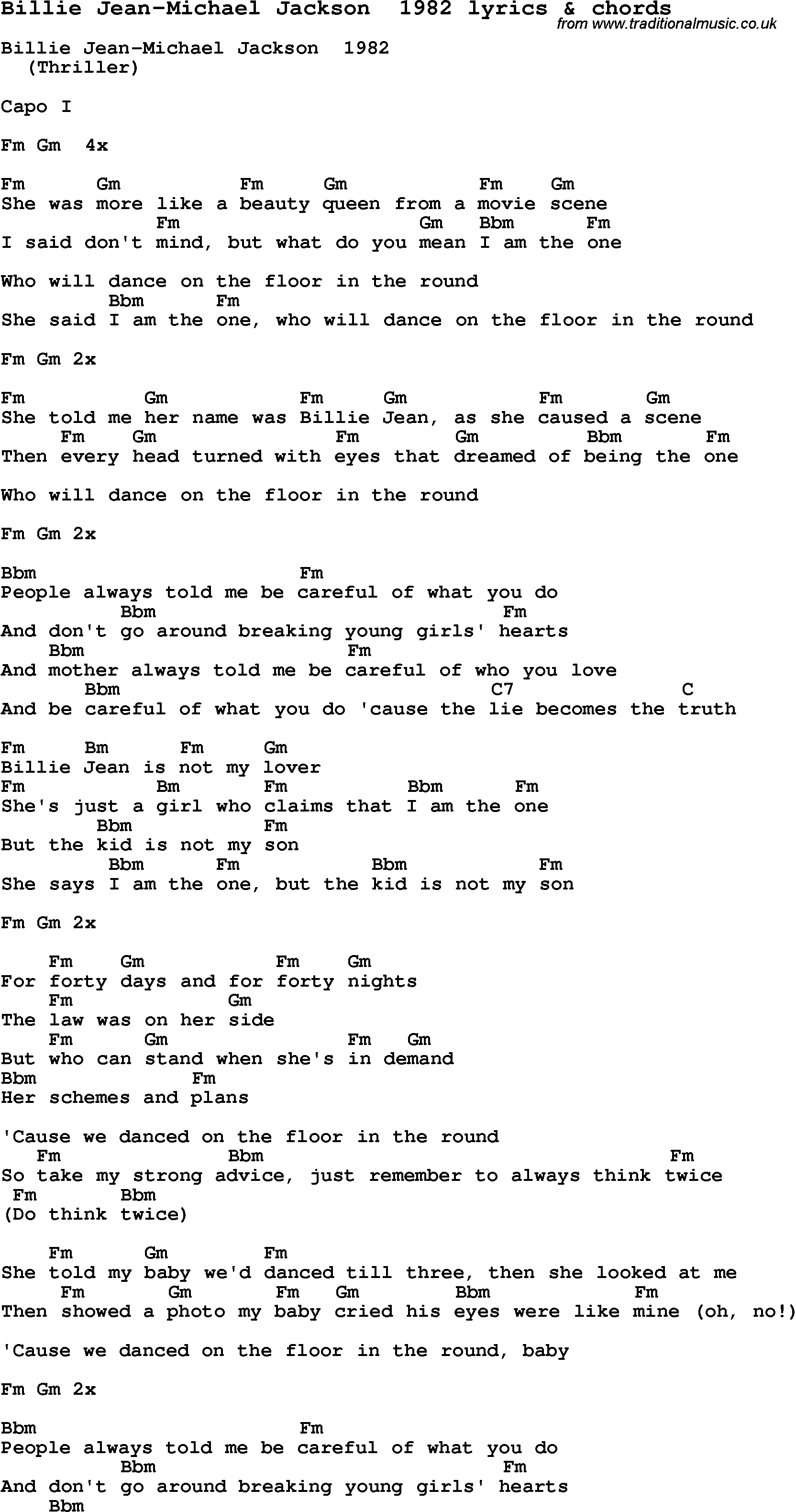 Love Song Lyrics for: Billie Jean-Michael Jackson  1982 with chords for Ukulele, Guitar Banjo etc.