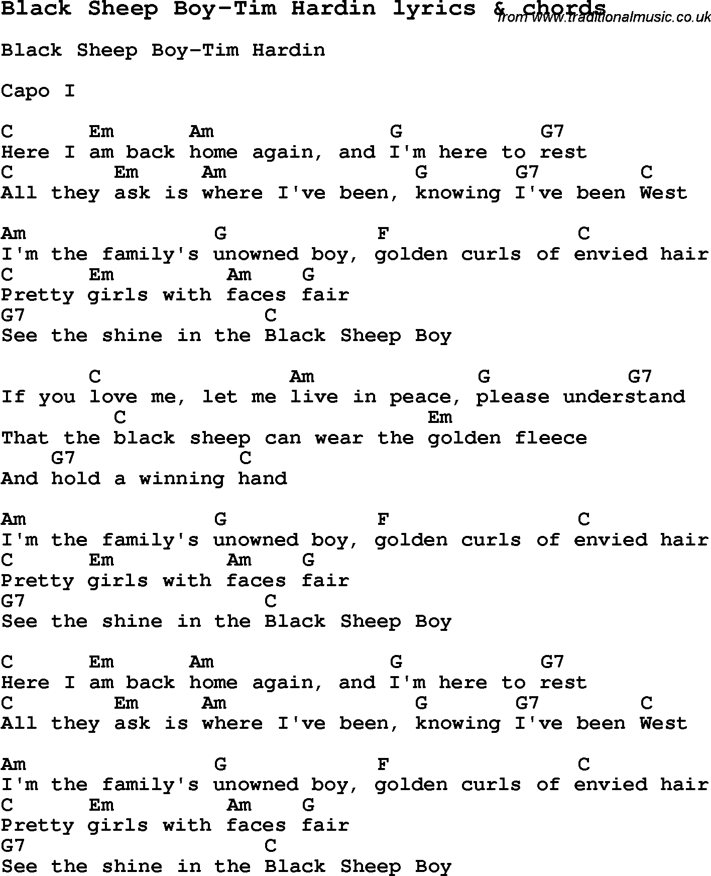 Love Song Lyrics for: Black Sheep Boy-Tim Hardin with chords for Ukulele, Guitar Banjo etc.