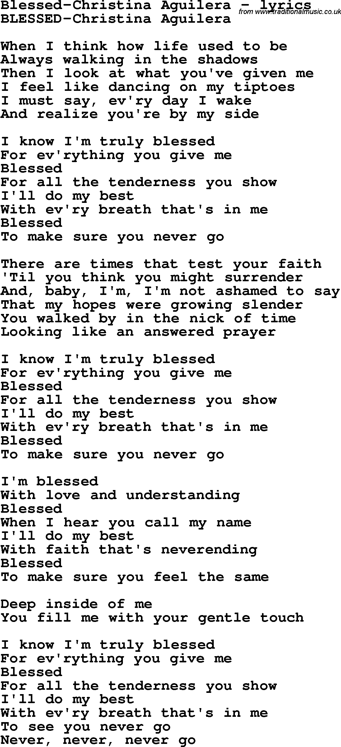 Love Song Lyrics for: Blessed-Christina Aguilera