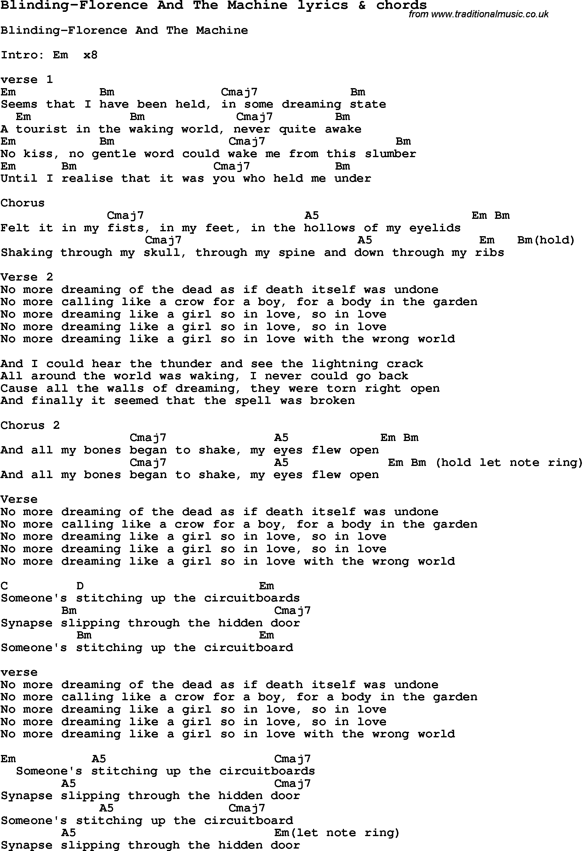 Love Song Lyrics for: Blinding-Florence And The Machine with chords for Ukulele, Guitar Banjo etc.