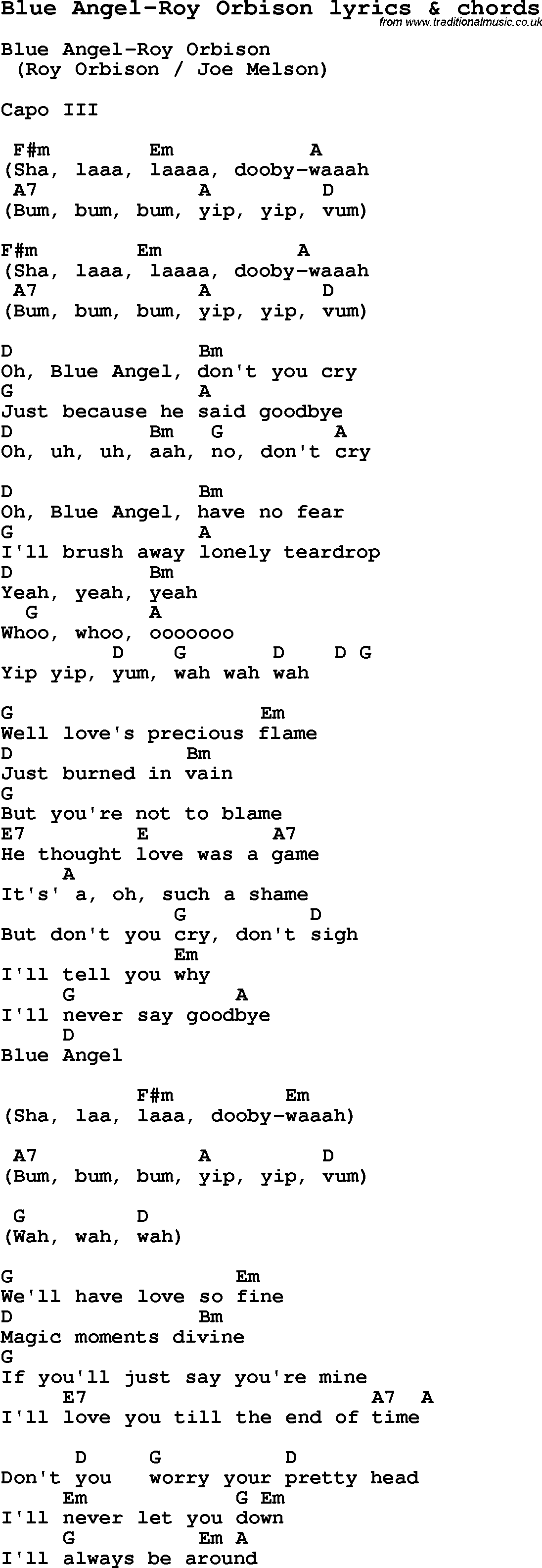 Love Song Lyrics for: Blue Angel-Roy Orbison with chords for Ukulele, Guitar Banjo etc.