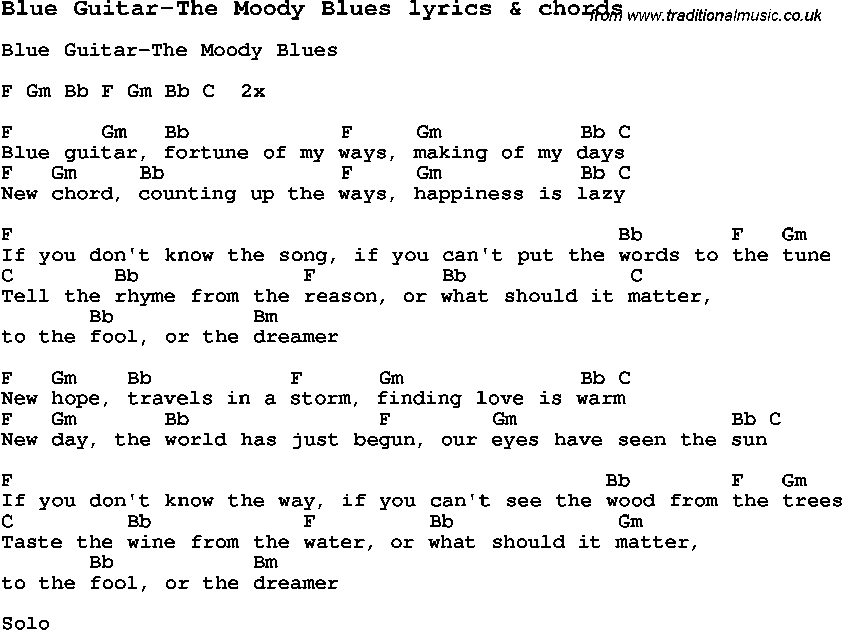 Love Song Lyrics for: Blue Guitar-The Moody Blues with chords for Ukulele, Guitar Banjo etc.