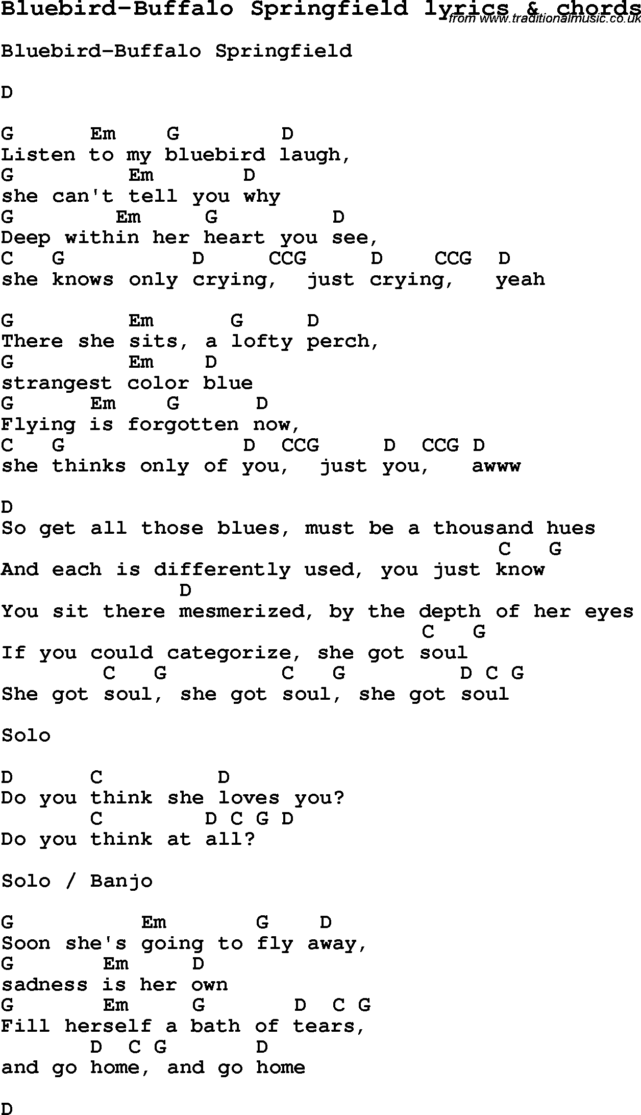 Love Song Lyrics for: Bluebird-Buffalo Springfield with chords for Ukulele, Guitar Banjo etc.