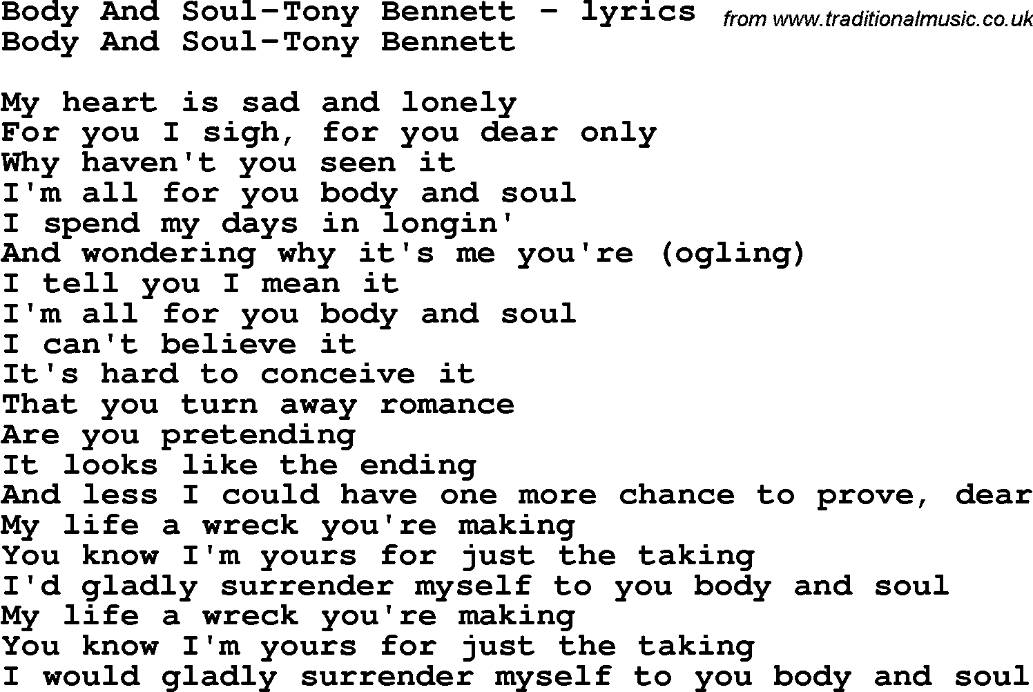 Love Song Lyrics for: Body And Soul-Tony Bennett