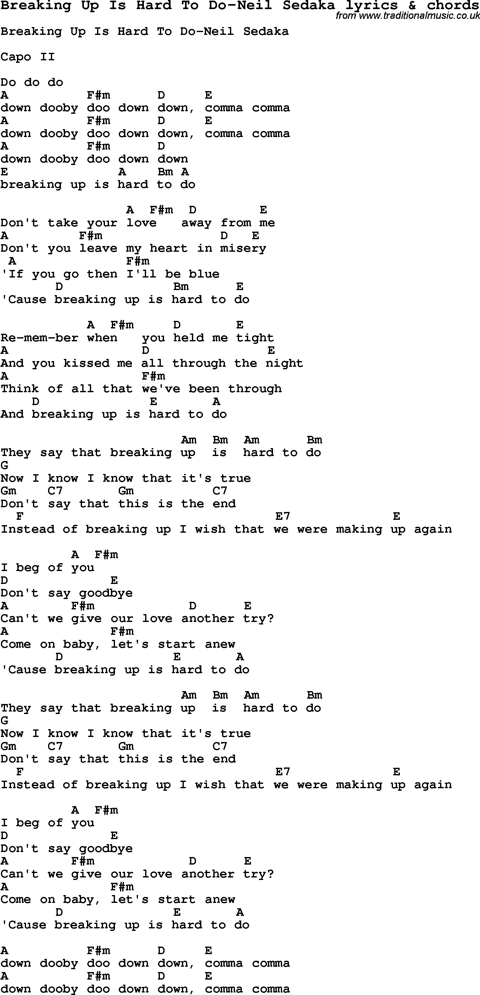 Love Song Lyrics for: Breaking Up Is Hard To Do-Neil Sedaka with chords for Ukulele, Guitar Banjo etc.