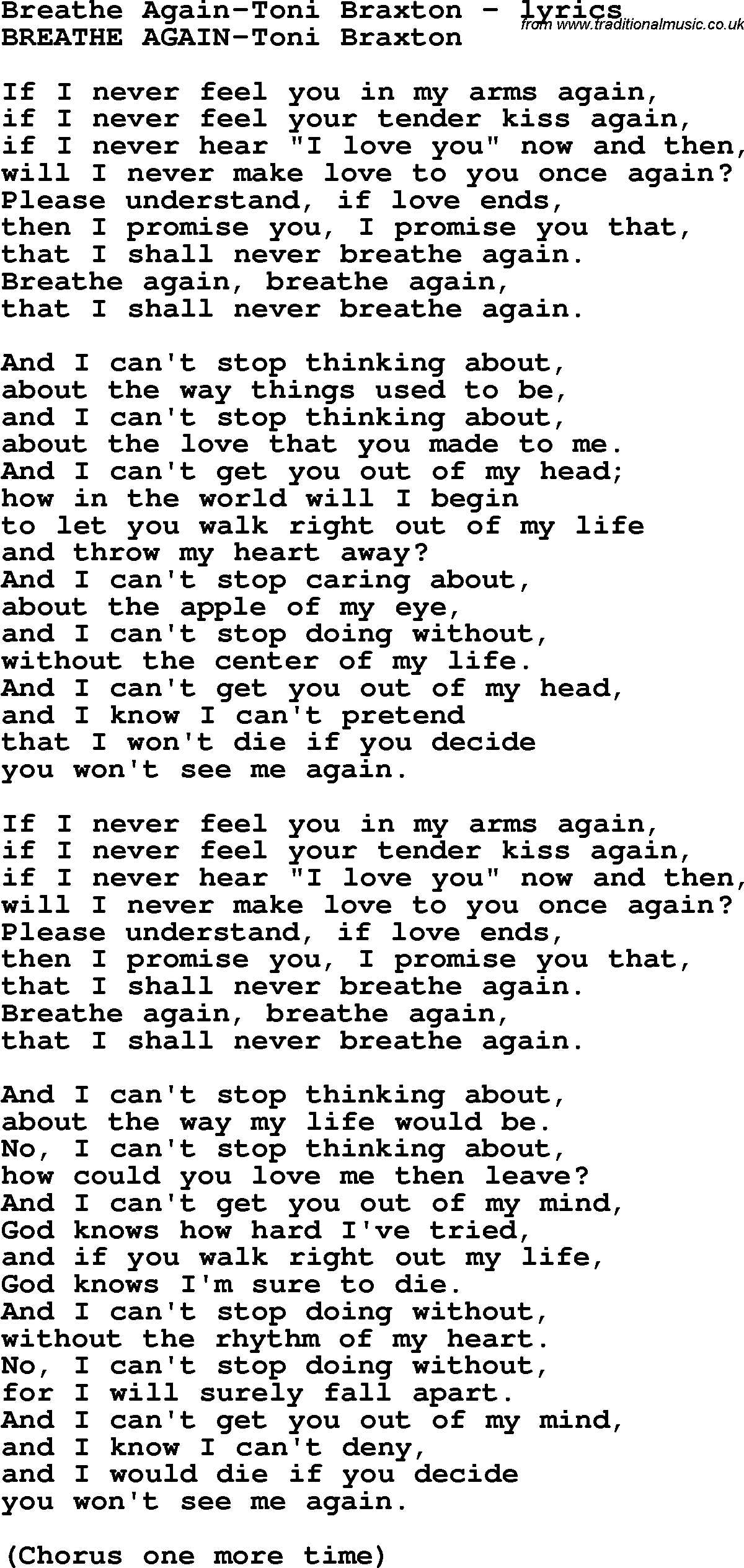 Love Song Lyrics for: Breathe Again-Toni Braxton