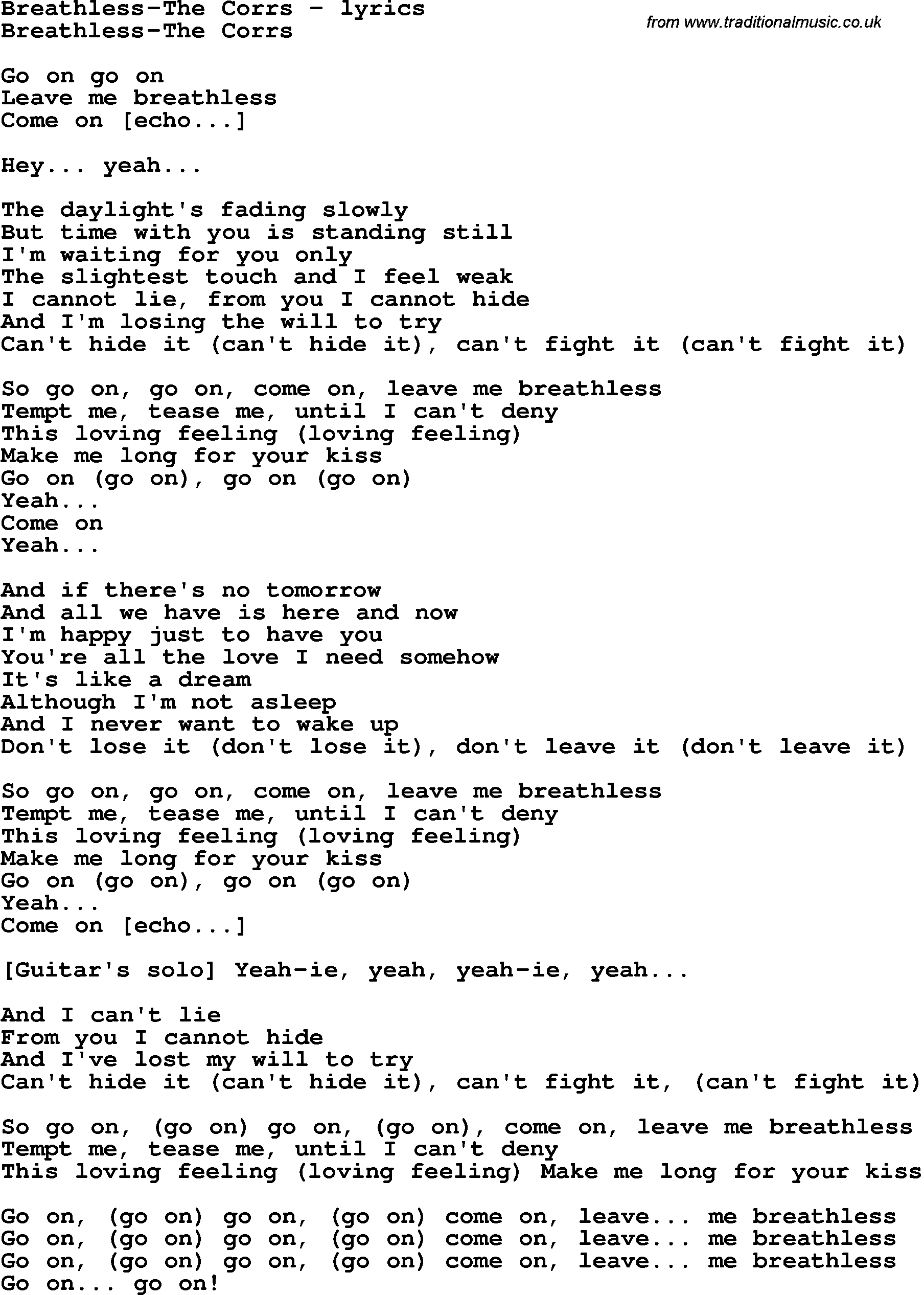 Love Song Lyrics for: Breathless-The Corrs