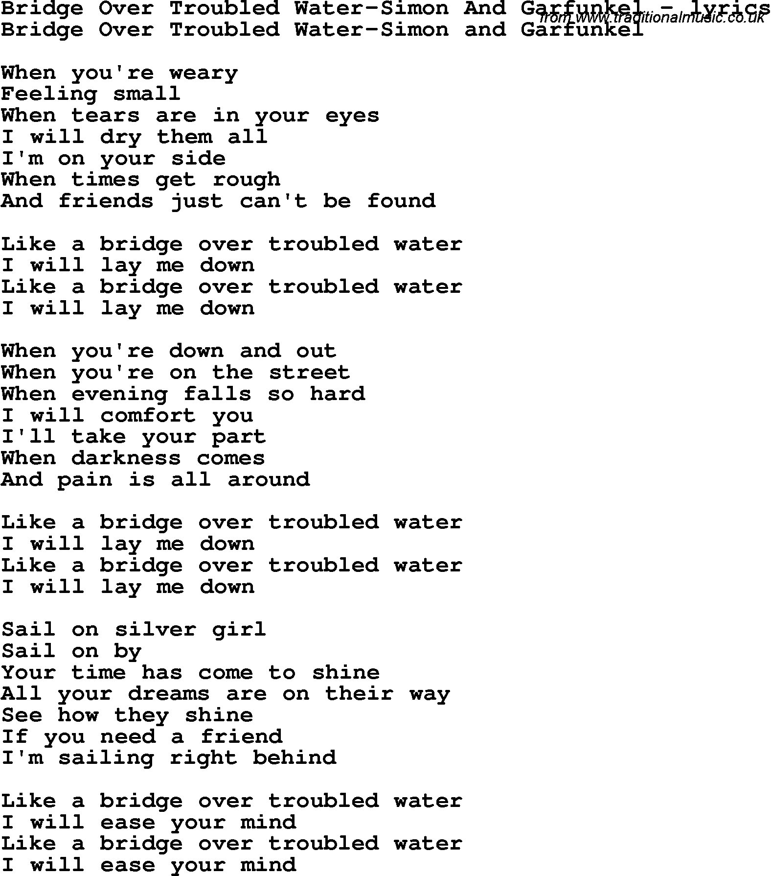 Love Song Lyrics for: Bridge Over Troubled Water-Simon And Garfunkel