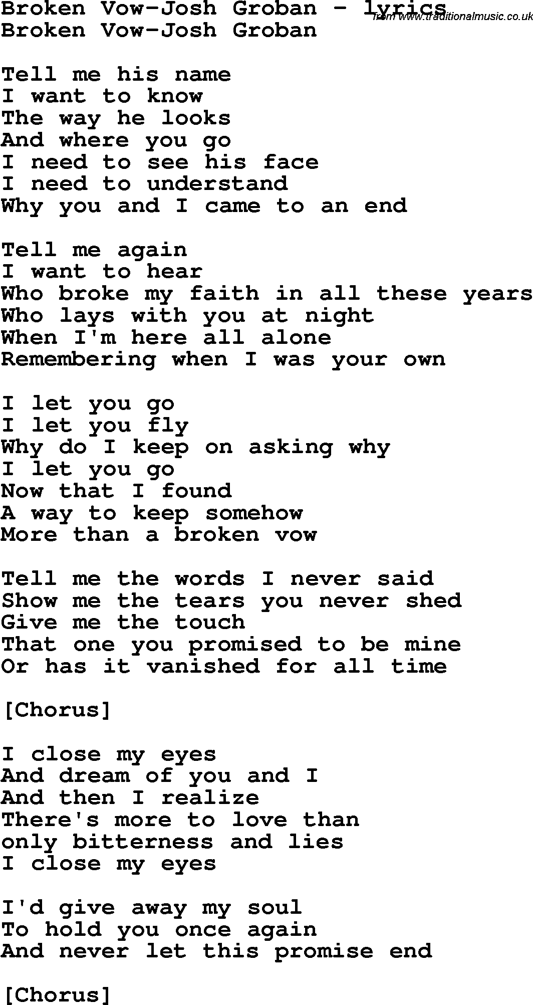 Love Song Lyrics for: Broken Vow-Josh Groban
