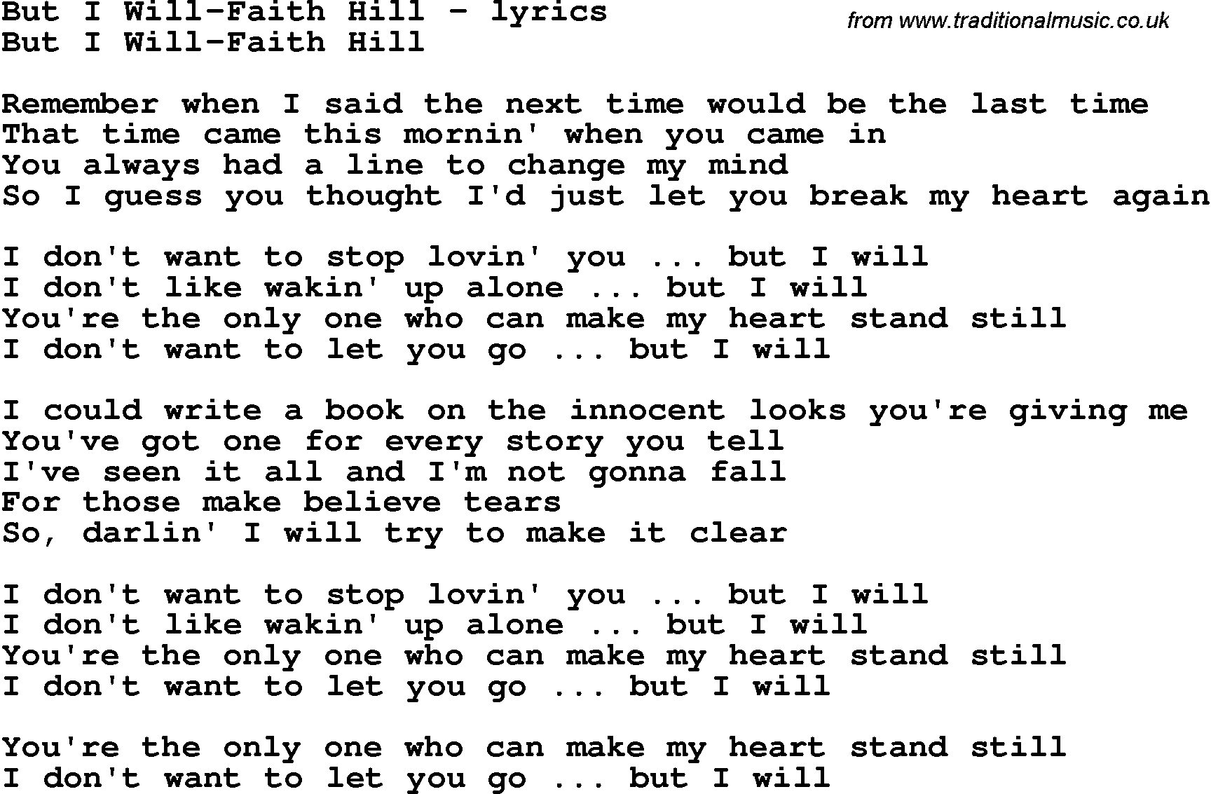 Love Song Lyrics for: But I Will-Faith Hill