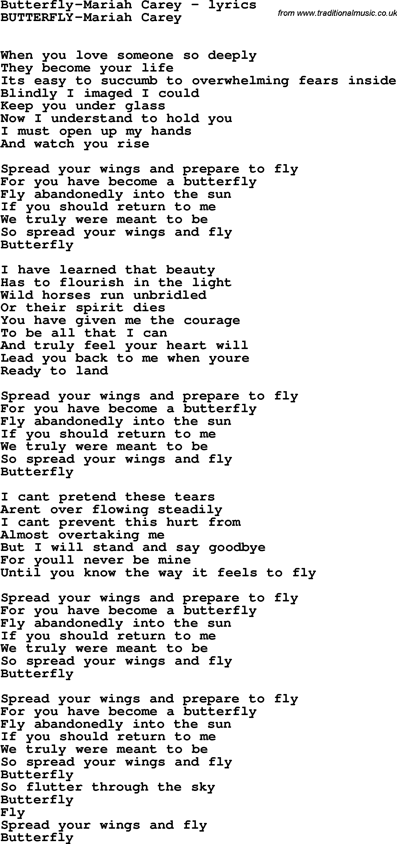 Love Song Lyrics For Butterfly Mariah Carey