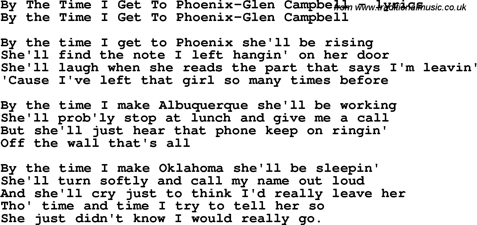 Love Song Lyrics for: By The Time I Get To Phoenix-Glen Campbell
