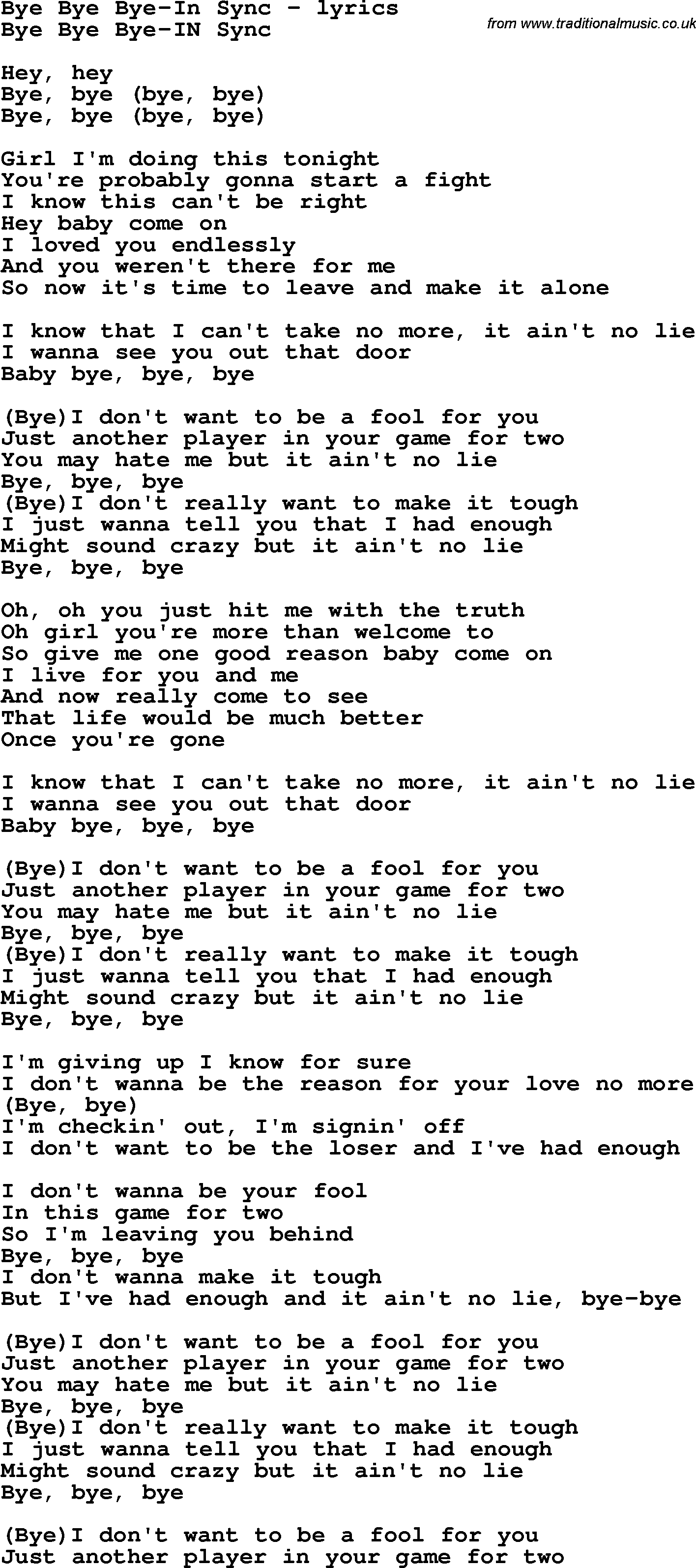 Love Song Lyrics for: Bye Bye Bye-In Sync