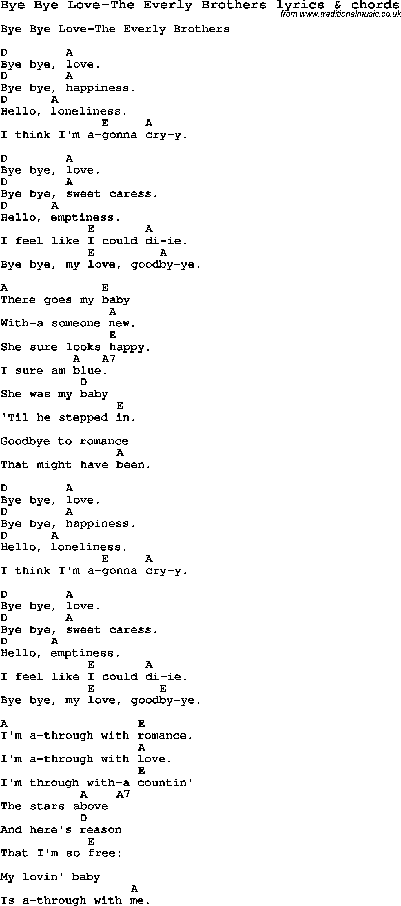 Love Song Lyrics for: Bye Bye Love-The Everly Brothers with chords for Ukulele, Guitar Banjo etc.