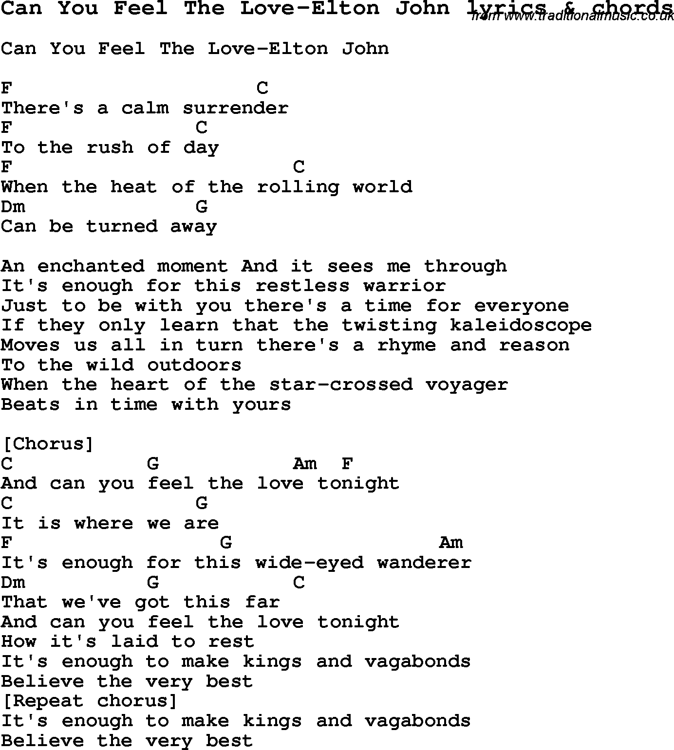 Love Song Lyrics for: Can You Feel The Love-Elton John with chords for Ukulele, Guitar Banjo etc.
