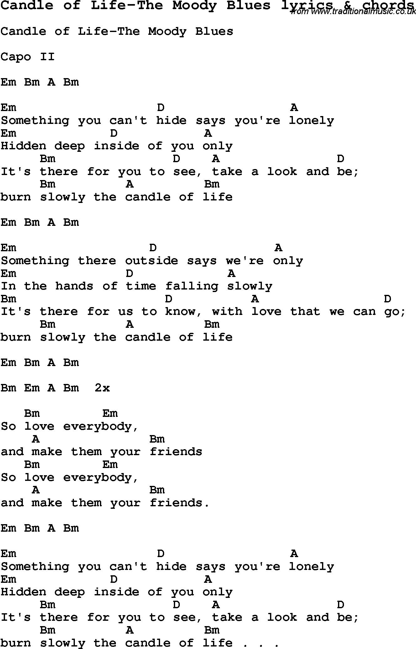 Love Song Lyrics for: Candle of Life-The Moody Blues with chords for Ukulele, Guitar Banjo etc.