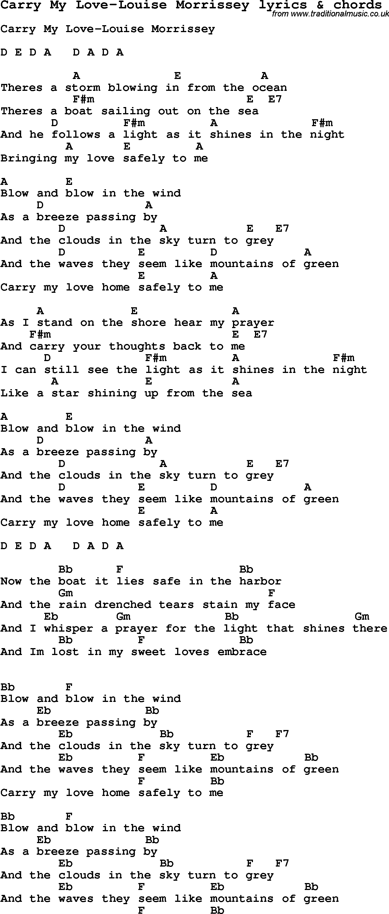 Love Song Lyrics for: Carry My Love-Louise Morrissey with chords for Ukulele, Guitar Banjo etc.