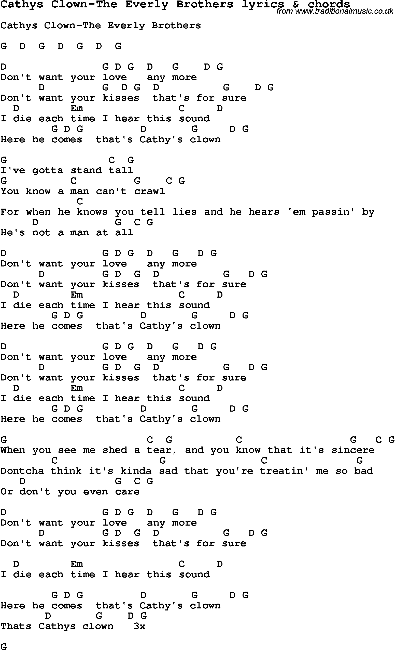 Love Song Lyrics for: Cathys Clown-The Everly Brothers with chords for Ukulele, Guitar Banjo etc.