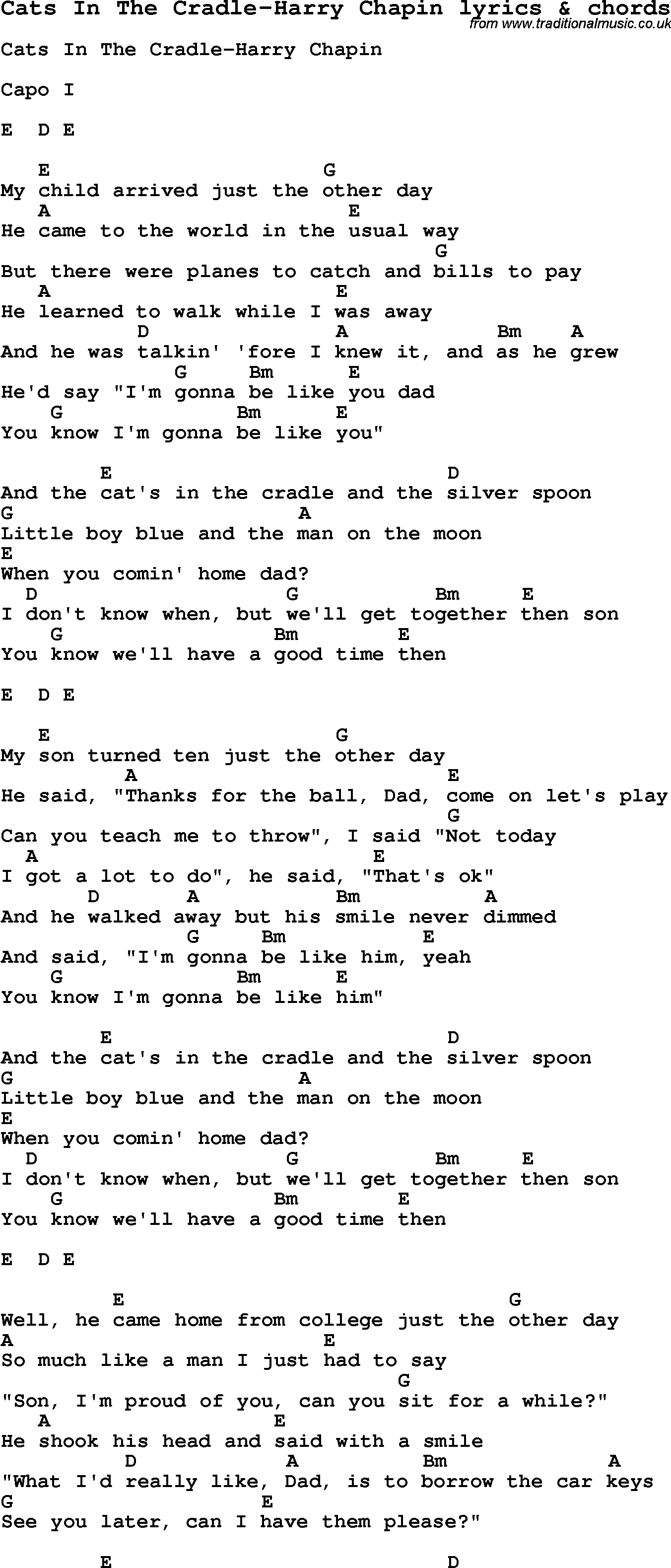Love Song Lyrics forCats In The CradleHarry Chapin with chords.