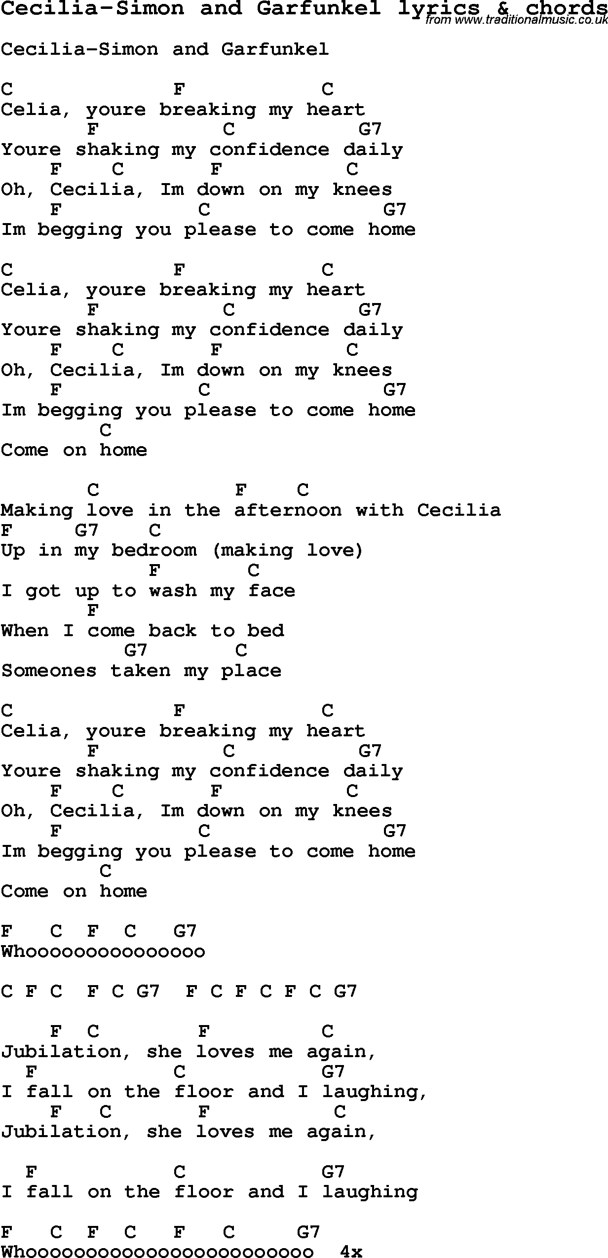 Love Song Lyrics for: Cecilia-Simon and Garfunkel with chords for Ukulele, Guitar Banjo etc.