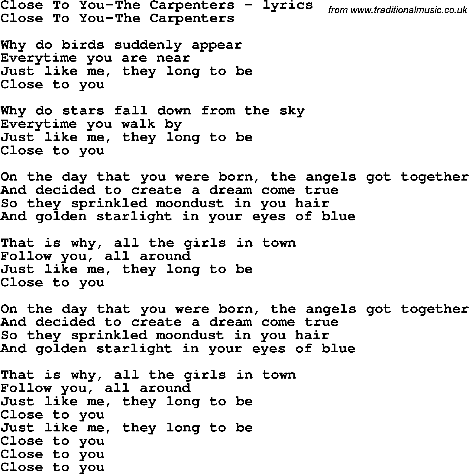 Love Song Lyrics for: Close To You-The Carpenters