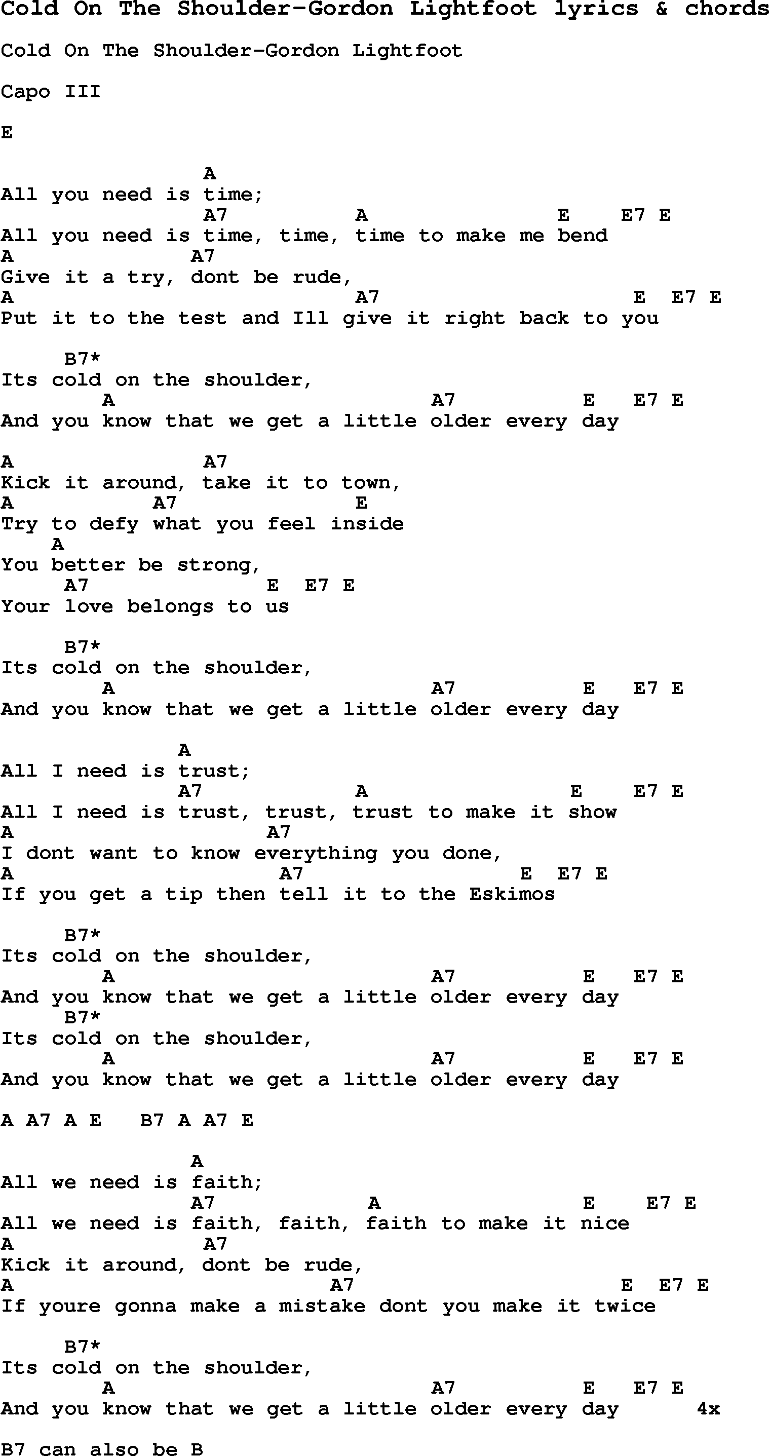 Love Song Lyrics for: Cold On The Shoulder-Gordon Lightfoot with chords for Ukulele, Guitar Banjo etc.