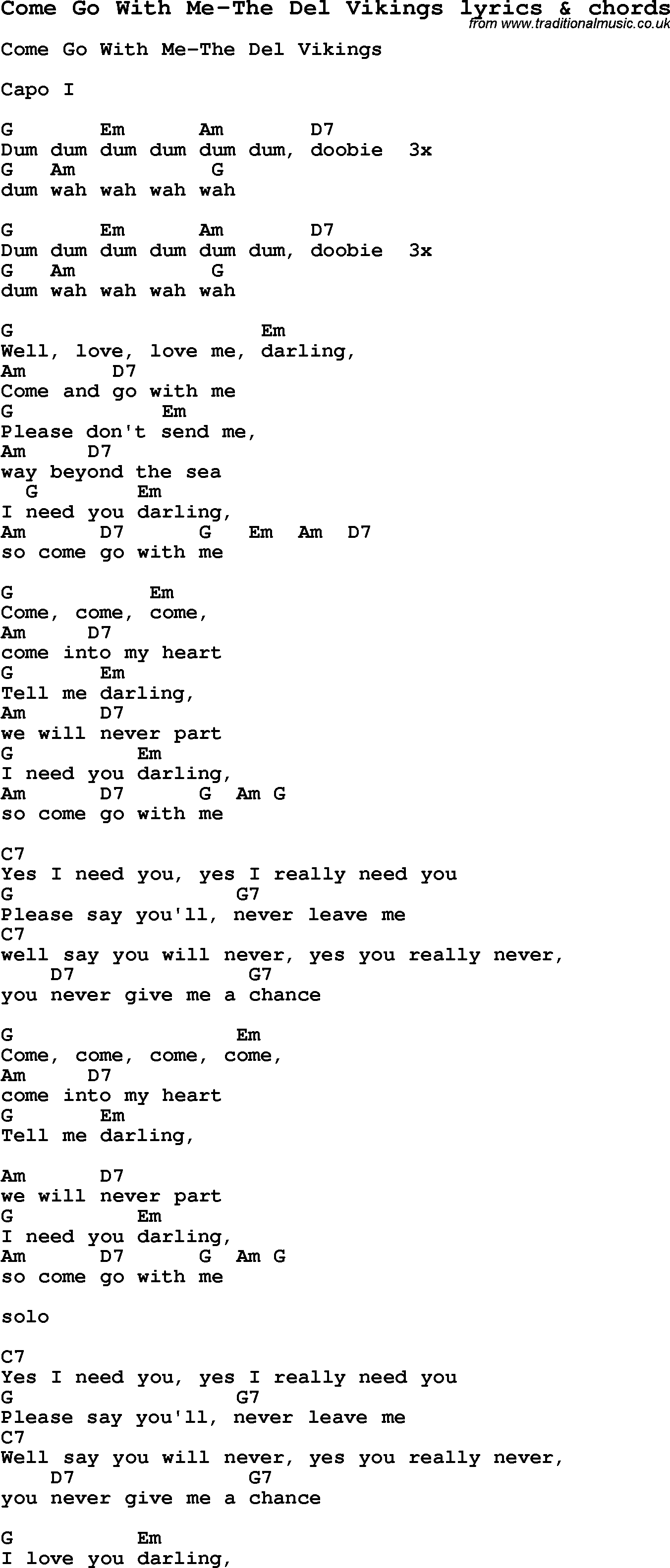 Love Song Lyrics for: Come Go With Me-The Del Vikings with chords for Ukulele, Guitar Banjo etc.