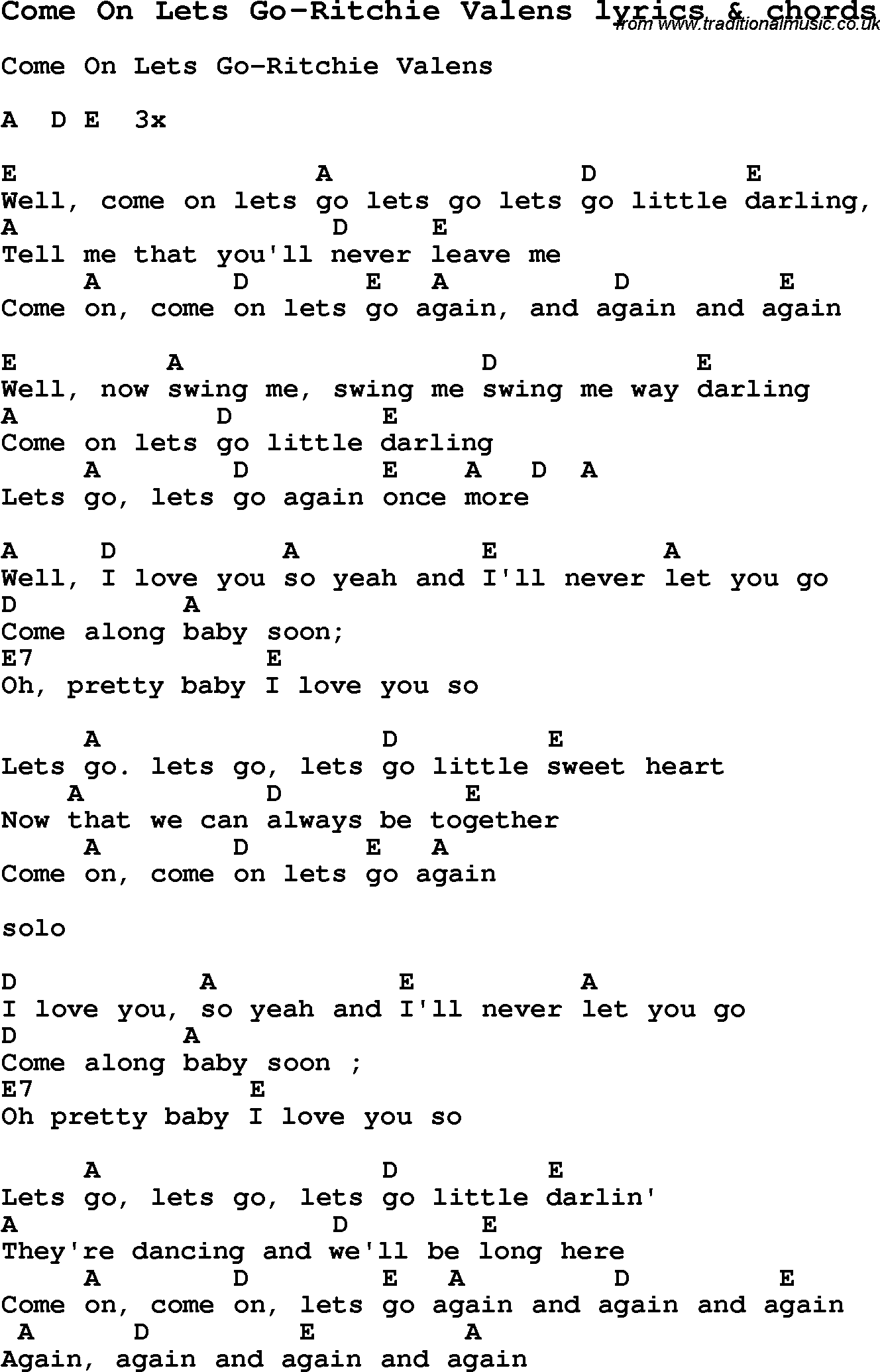Love Song Lyrics for: Come On Lets Go-Ritchie Valens with chords for Ukulele, Guitar Banjo etc.