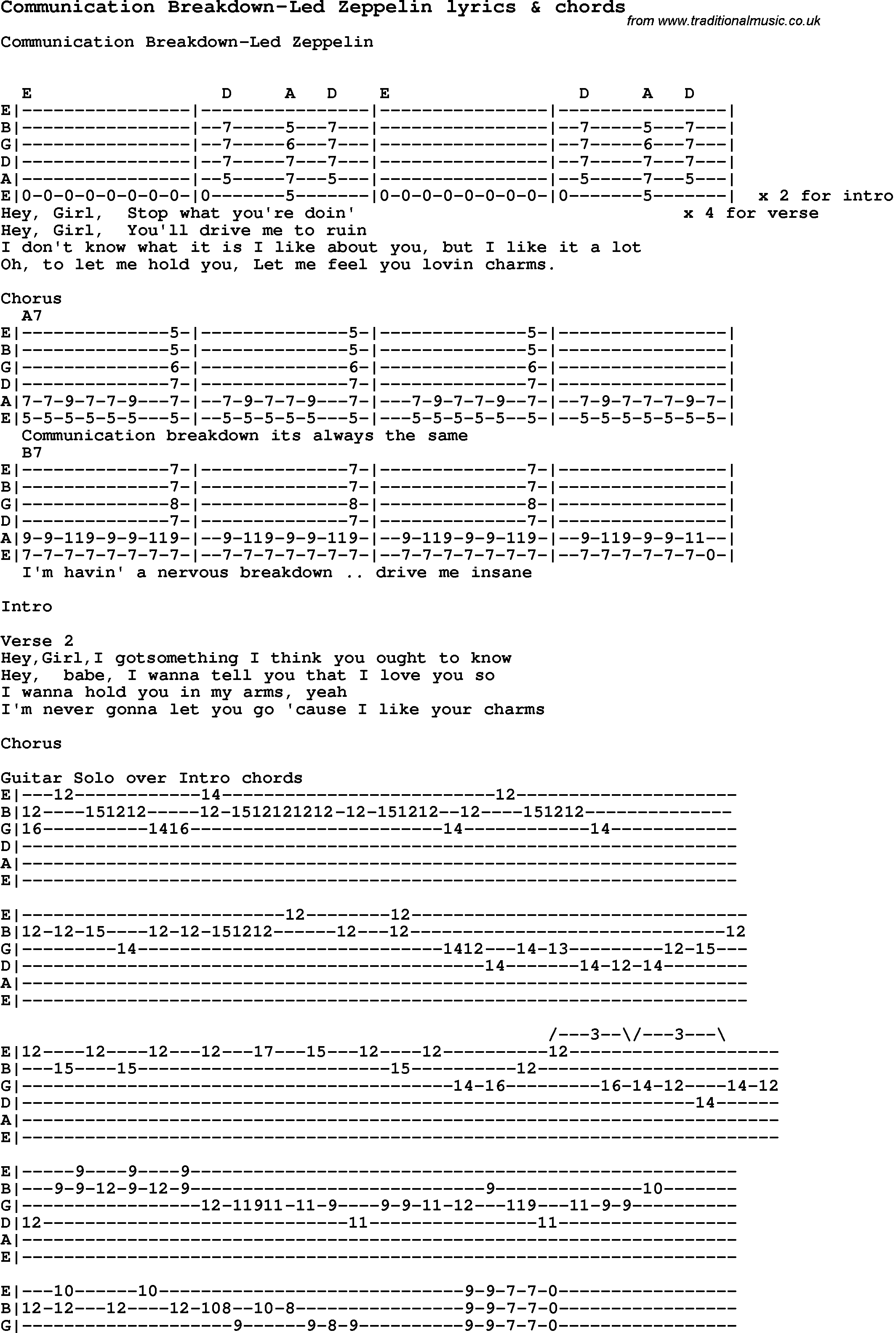 Love Song Lyrics for: Communication Breakdown-Led Zeppelin with chords for Ukulele, Guitar Banjo etc.