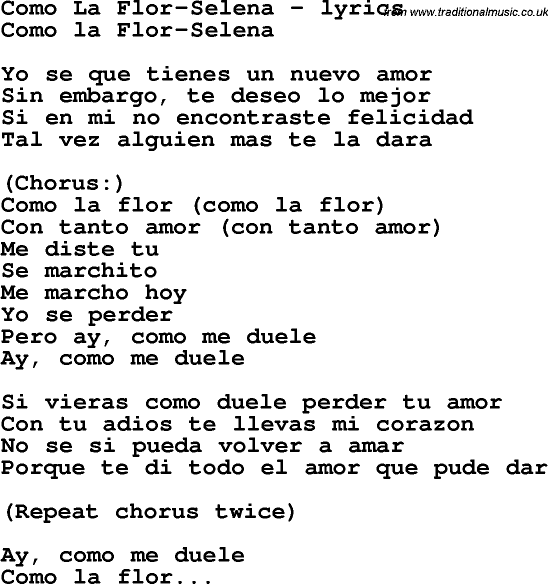 Love Song Lyrics for: Como La Flor-Selena
