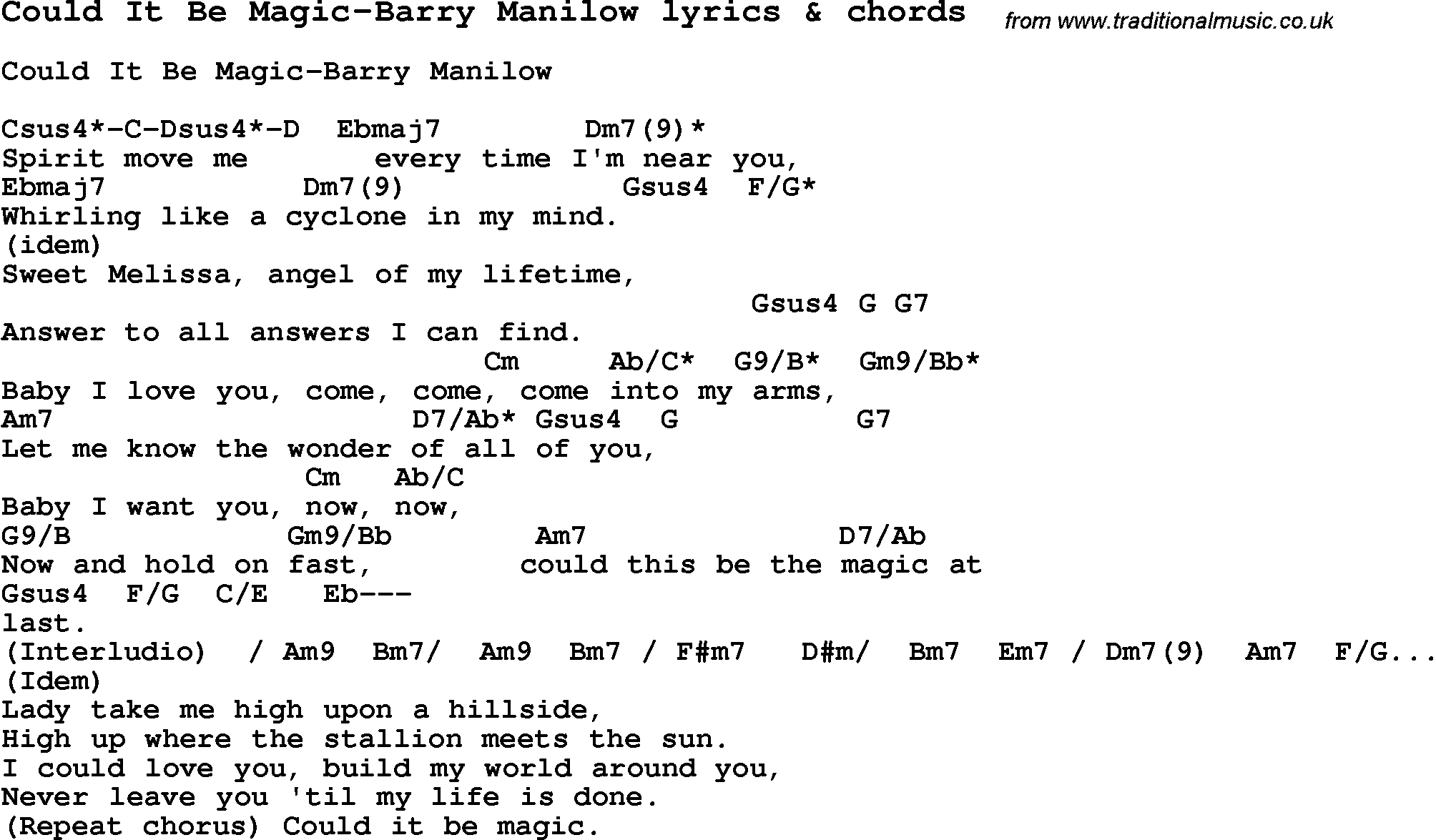 Love Song Lyrics for: Could It Be Magic-Barry Manilow with chords for Ukulele, Guitar Banjo etc.