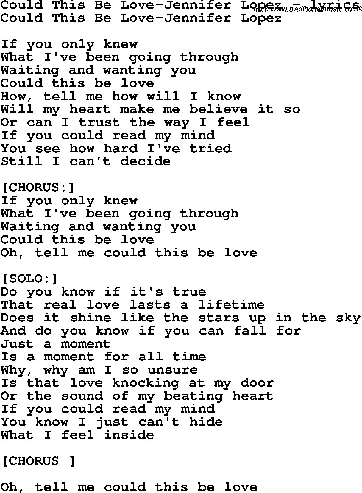 Love Song Lyrics for: Could This Be Love-Jennifer Lopez