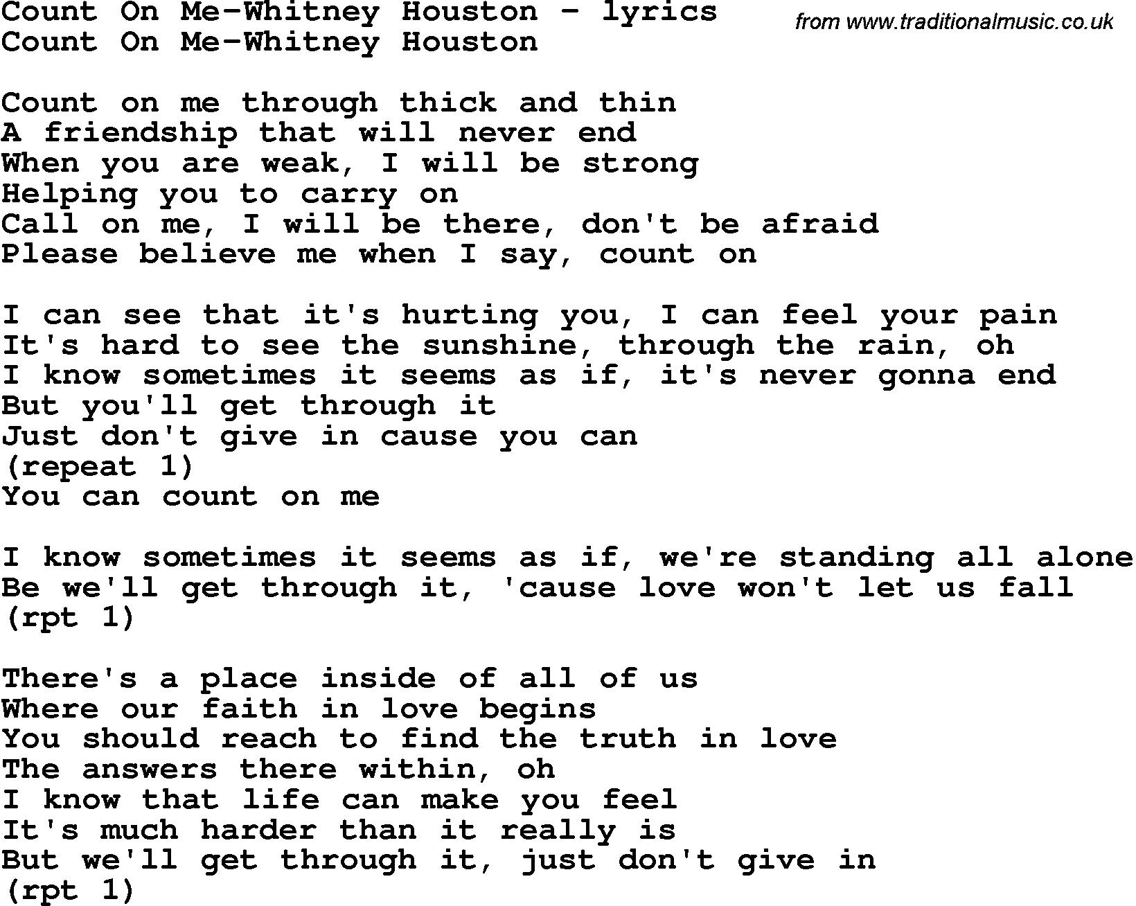 Love Song Lyrics for: Count On Me-Whitney Houston