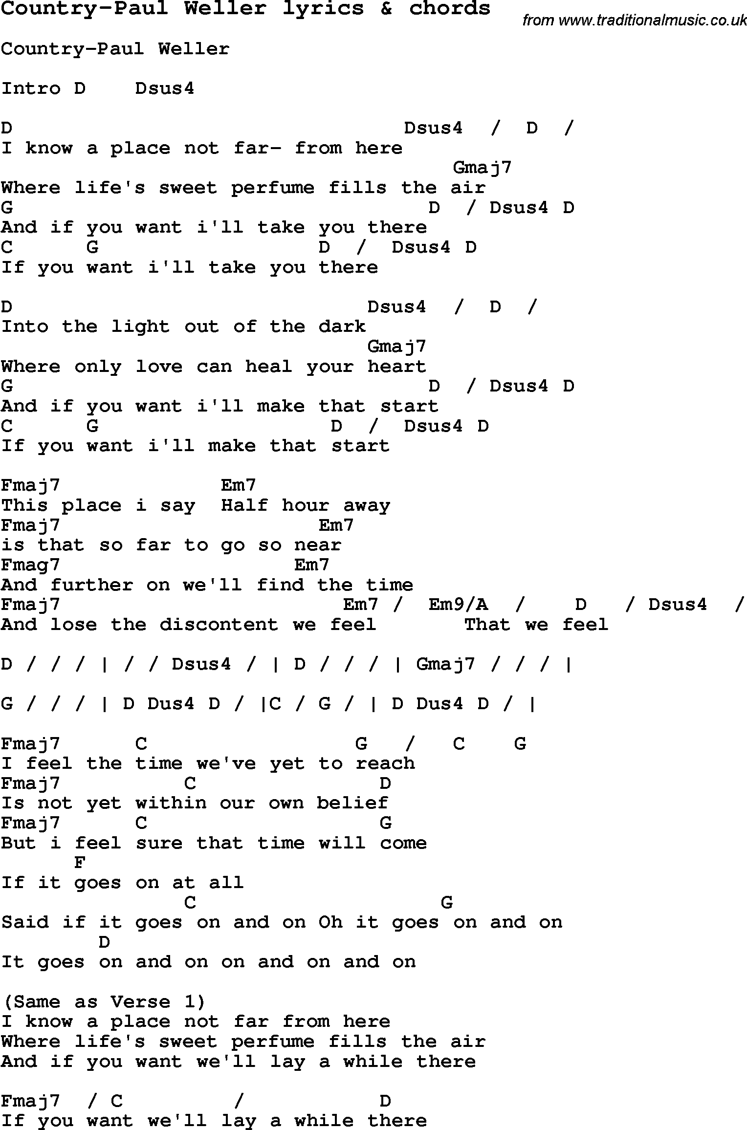 Love Song Lyrics for: Country-Paul Weller with chords for Ukulele, Guitar Banjo etc.