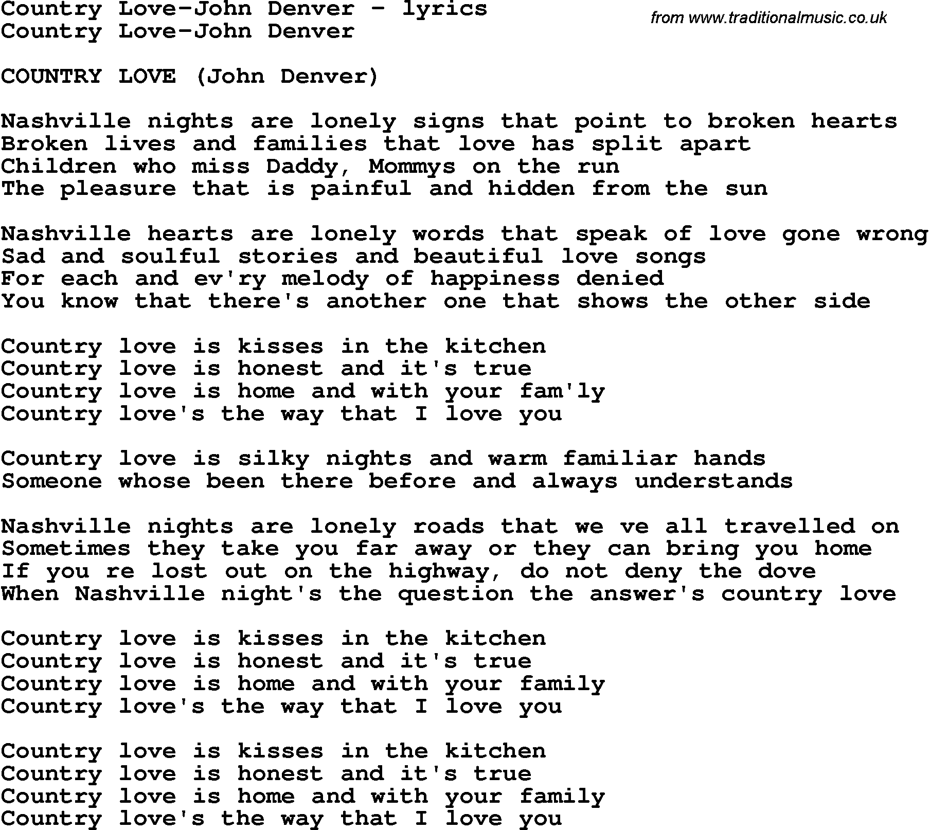 Love Song Lyrics for: Country Love-John Denver