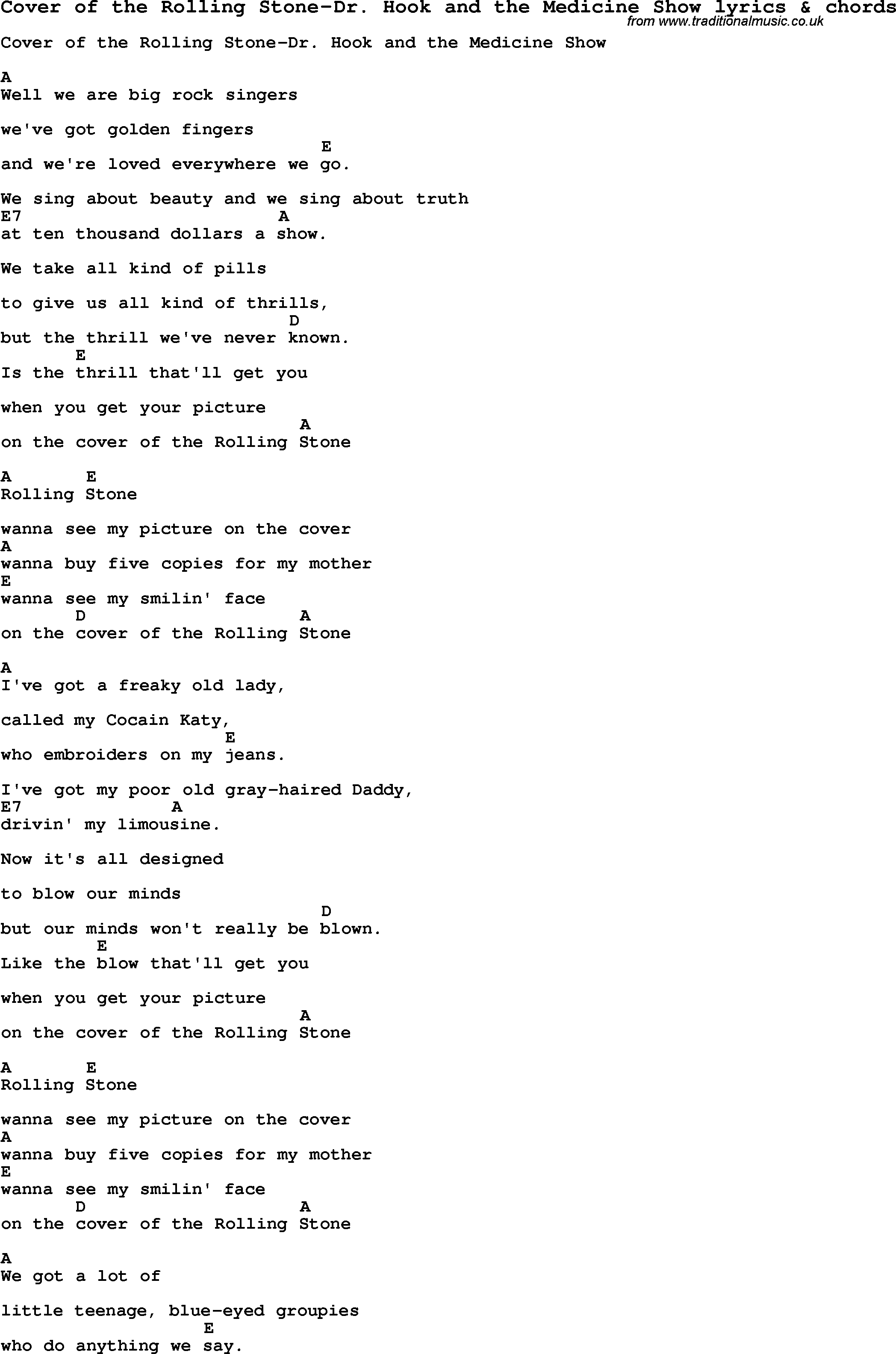 Love Song Lyrics for: Cover of the Rolling Stone-Dr. Hook and the Medicine Show with chords for Ukulele, Guitar Banjo etc.
