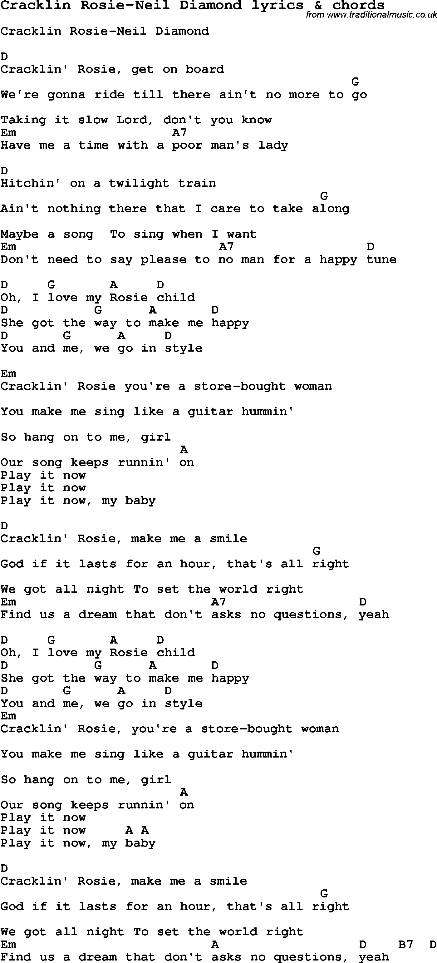 Love Song Lyrics for: Cracklin Rosie-Neil Diamond with chords for Ukulele, Guitar Banjo etc.