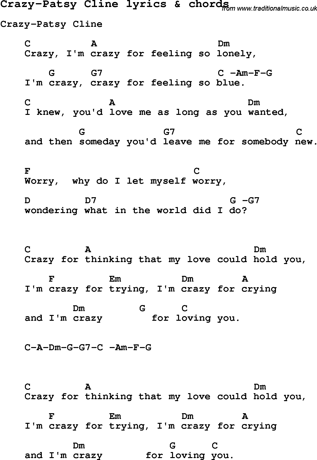Love Song Lyrics for: Crazy-Patsy Cline with chords for Ukulele, Guitar Banjo etc.