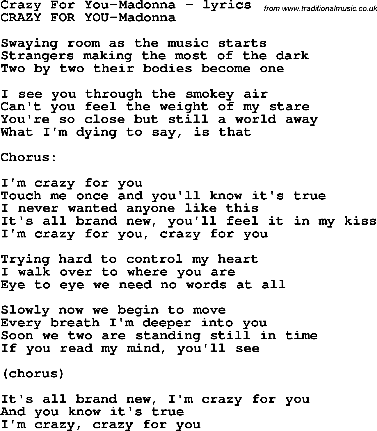 Love Song Lyrics For Crazy For You Madonna