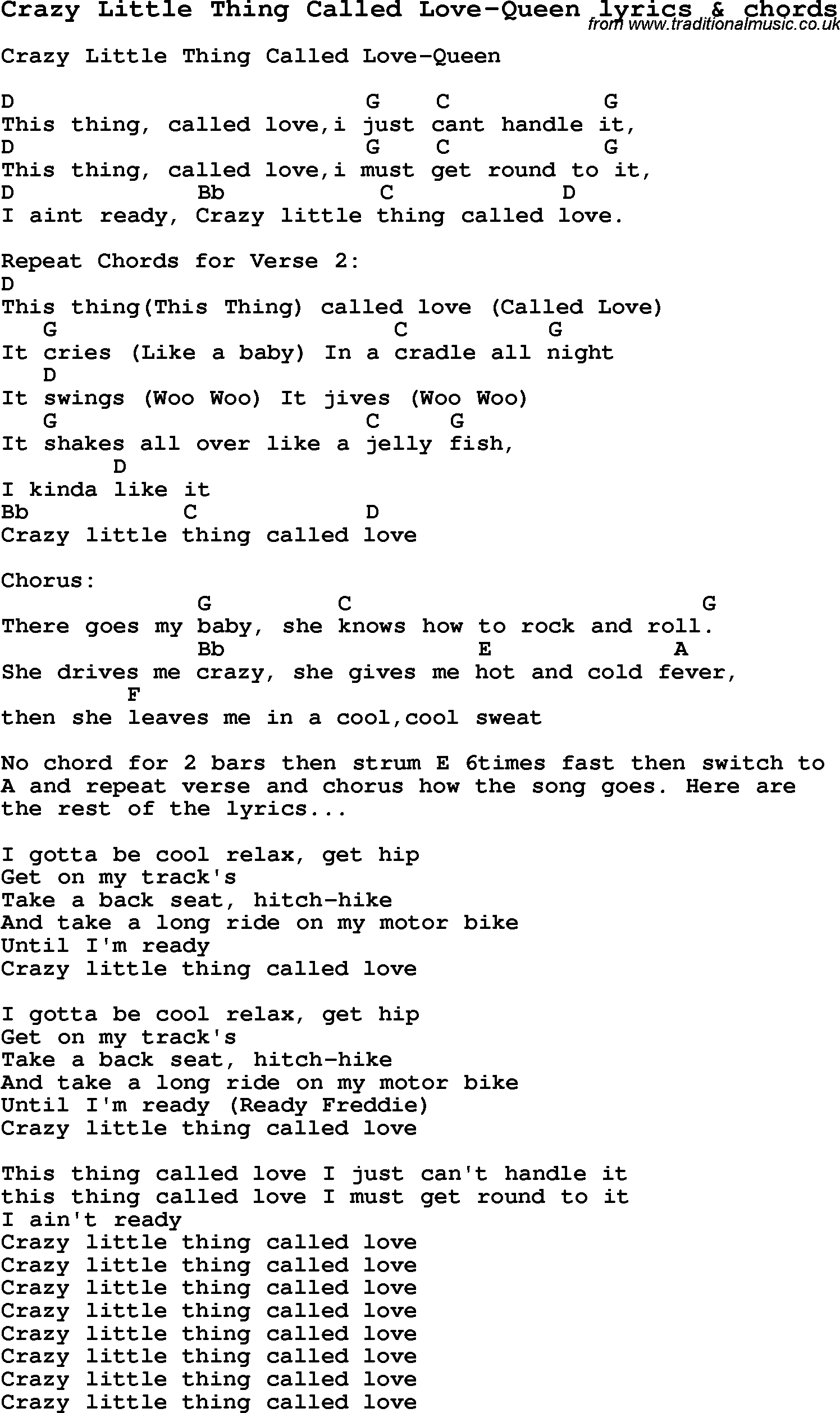 Love Song Lyrics for: Crazy Little Thing Called Love-Queen with chords for Ukulele, Guitar Banjo etc.