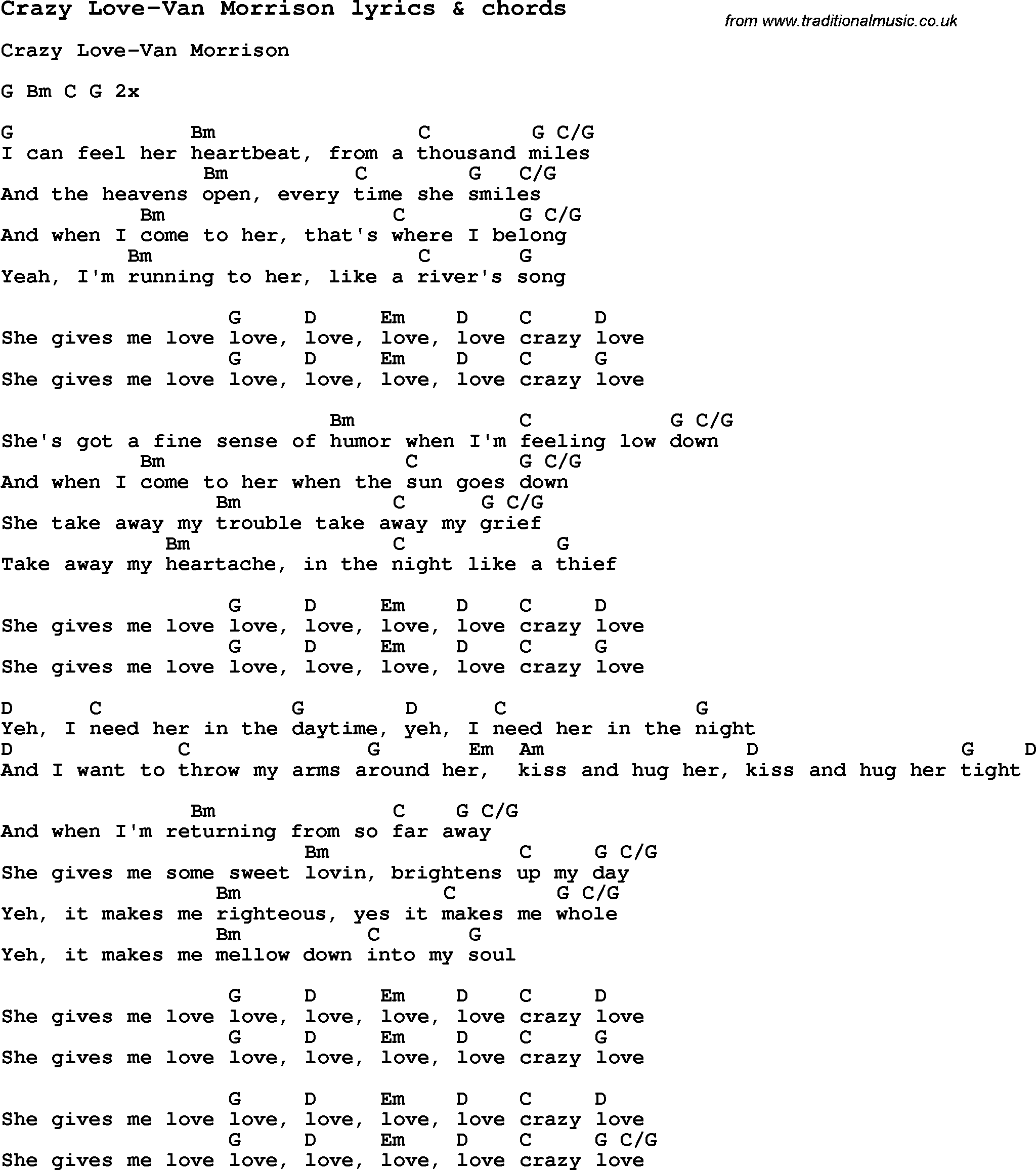 Love Song Lyrics For Crazy Love Van Morrison With Chords